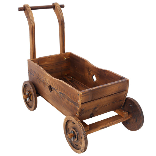 Wooden Wagon Planter Box, Mobile Garden Planter with 4 Wheels, Handle, Drain Hole, Decorative Flower Planter for Indoor & Outdoor Decor, Wooden Flower Cart for Patio, Garden, Balcony, Brown SolidRoot Buy Furniture USA