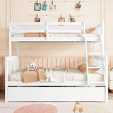 Twin Over Full Rubber Wood Bunk Bed with Trundle, Convertible Ladder and Guardrail, Detachable, Convertible Bed, with Twin Size Trundle ,White SolidRoot Buy Furniture USA