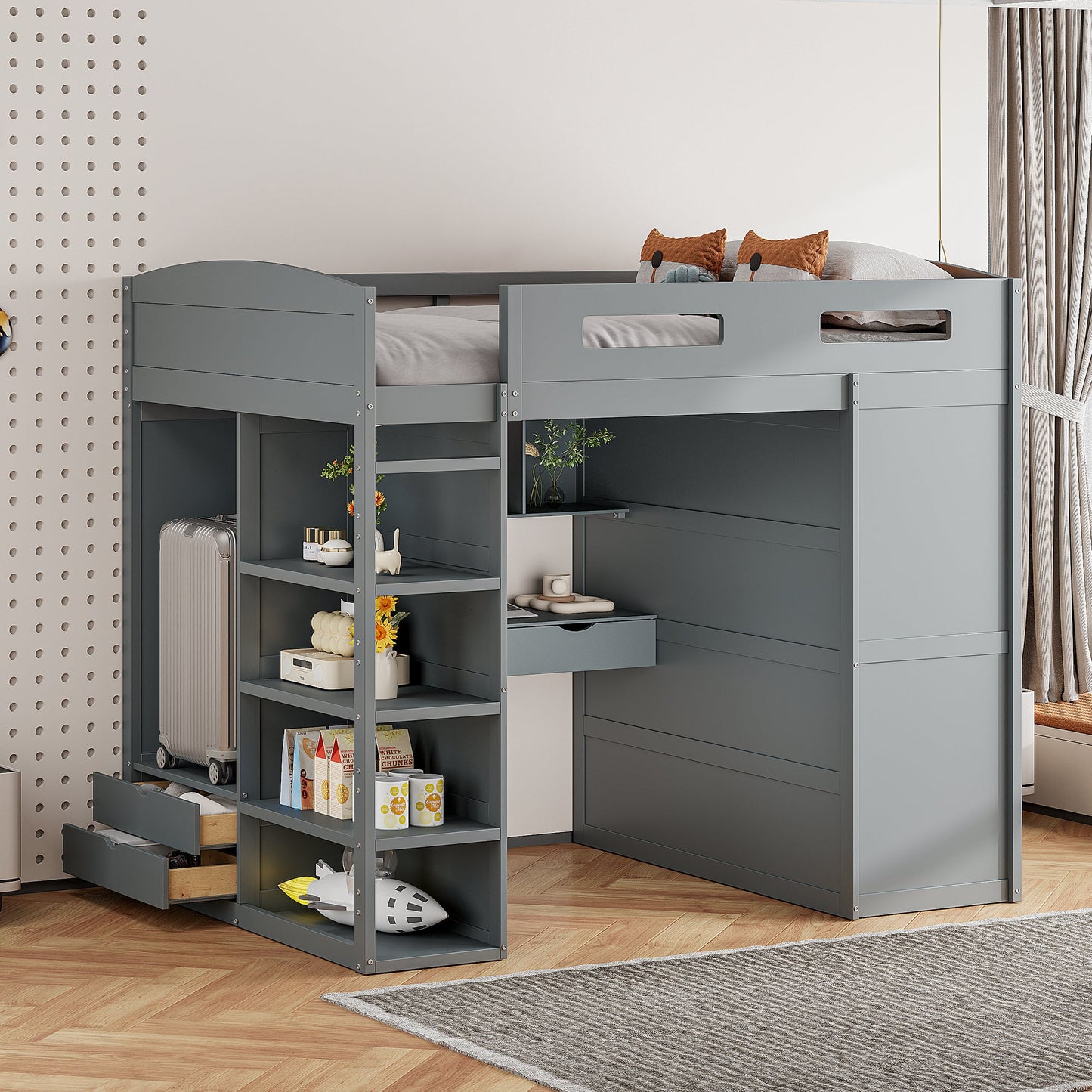 Full Size Loft Bed with Desk, Wardrobes, 4 Drawers and 4 Shelves-Gray SolidRoot Buy Furniture USA