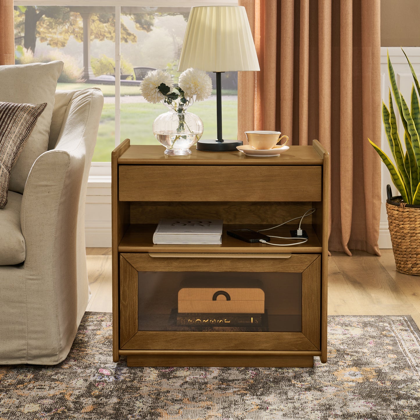 Mid Century Modern Nightstand with Charging Station & Outlet Hole & 2 Drawers, Farmhouse End Table with Open Shelf & Glass Drawer Dresser, Side Cabinet for Living Room Reception Room Dorm-Light Walnut SolidRoot Buy Furniture USA