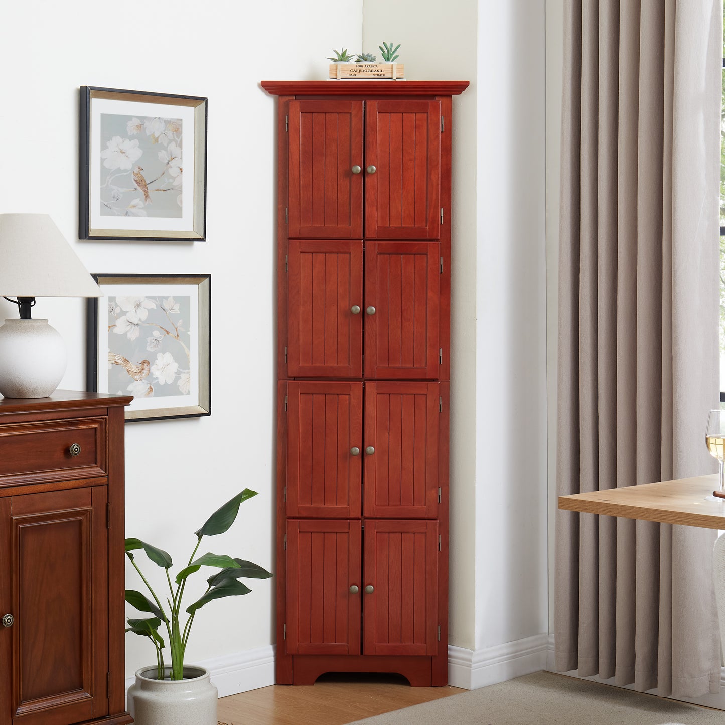 4-Tier 72' Corner Kitchen Pantry Storage Cabinet with 8 Doors Tall Storage Cabinet, Corner Cabinet and Adjustable Shelves, Home farmhouse bookshelf Cabinet for Bathroom, Living room, Kitchen Cherry
