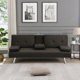 Sofa Bed with Armrest two holders WOOD FRAME, STAINLESS LEG, FUTON BROWN PVC,DARK BROWN SolidRoot Buy Furniture USA