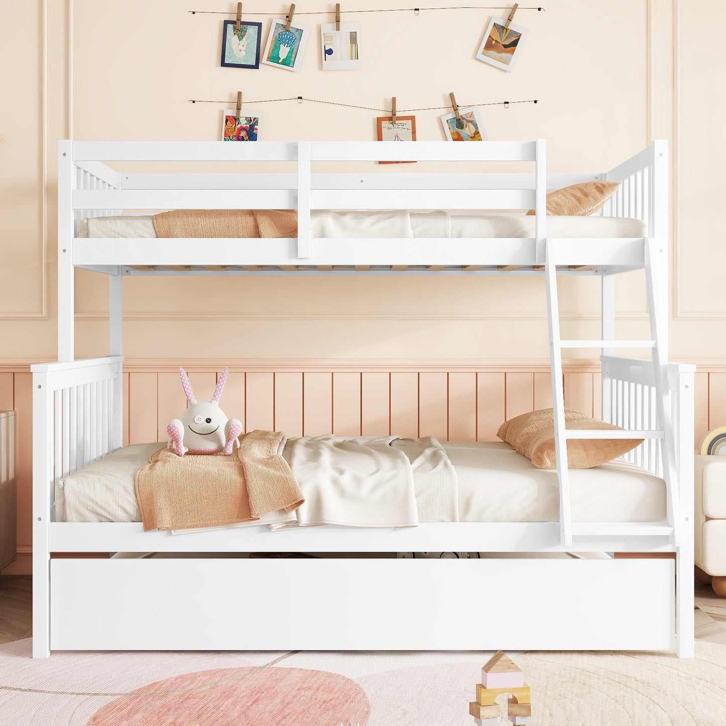 Twin Over Full Rubber Wood Bunk Bed with Trundle, Convertible Ladder and Guardrail, Detachable, Convertible Bed, with Twin Size Trundle ,White SolidRoot Buy Furniture USA
