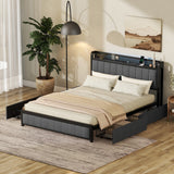 Queen Bed Frame with LED Headboard, Upholstered Bed with 4 Storage Drawers and USB Ports, Dark Grey SolidRoot Buy Furniture USA
