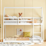 Twin over Twin Rubber Wood Floor Bunk Bed, with ladder,Guardrails,House-Shaped-Bunk Bed,White SolidRoot Buy Furniture USA