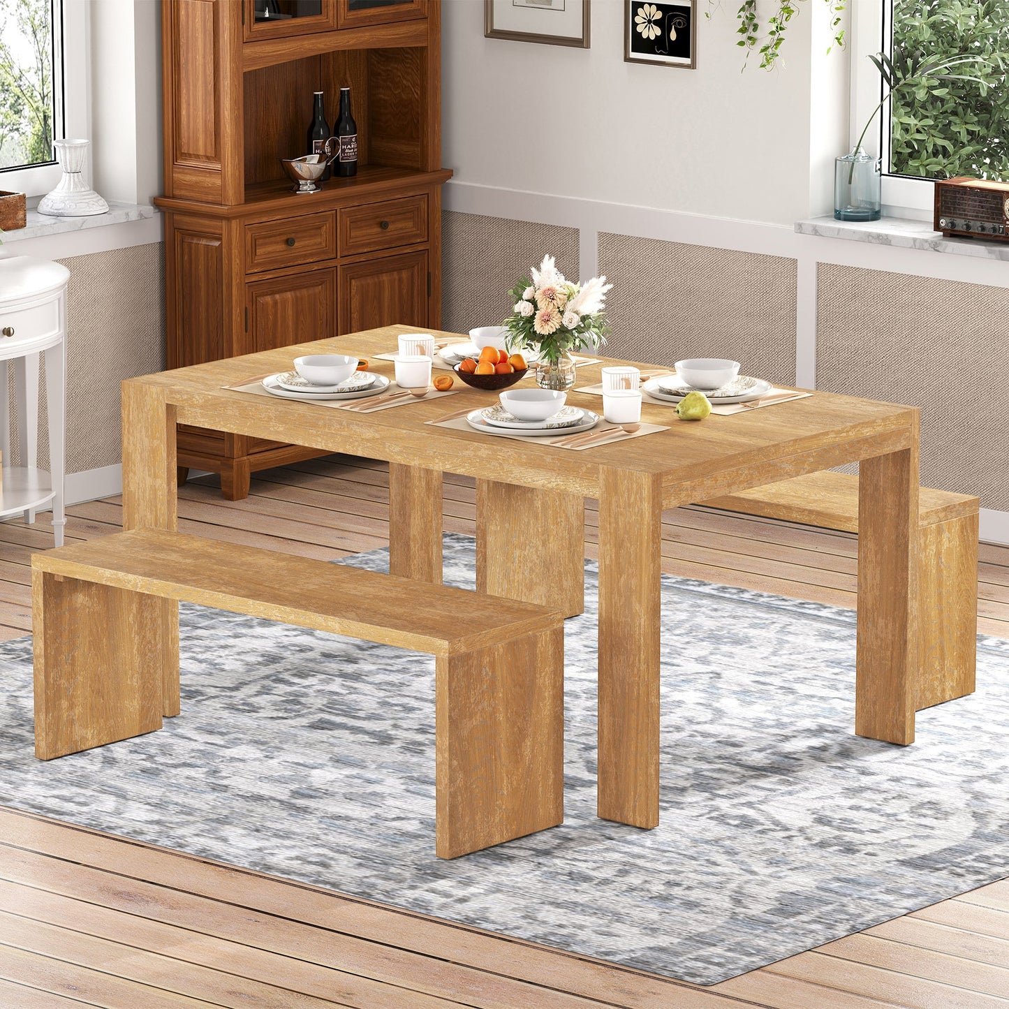 TREXM 3-piece Farmhouse Style Simple Dining Set, Dining Table and 2 Benches, for Dining Room, Kitchen and Living Room (Natural Wood Wash) SolidRoot Buy Furniture USA