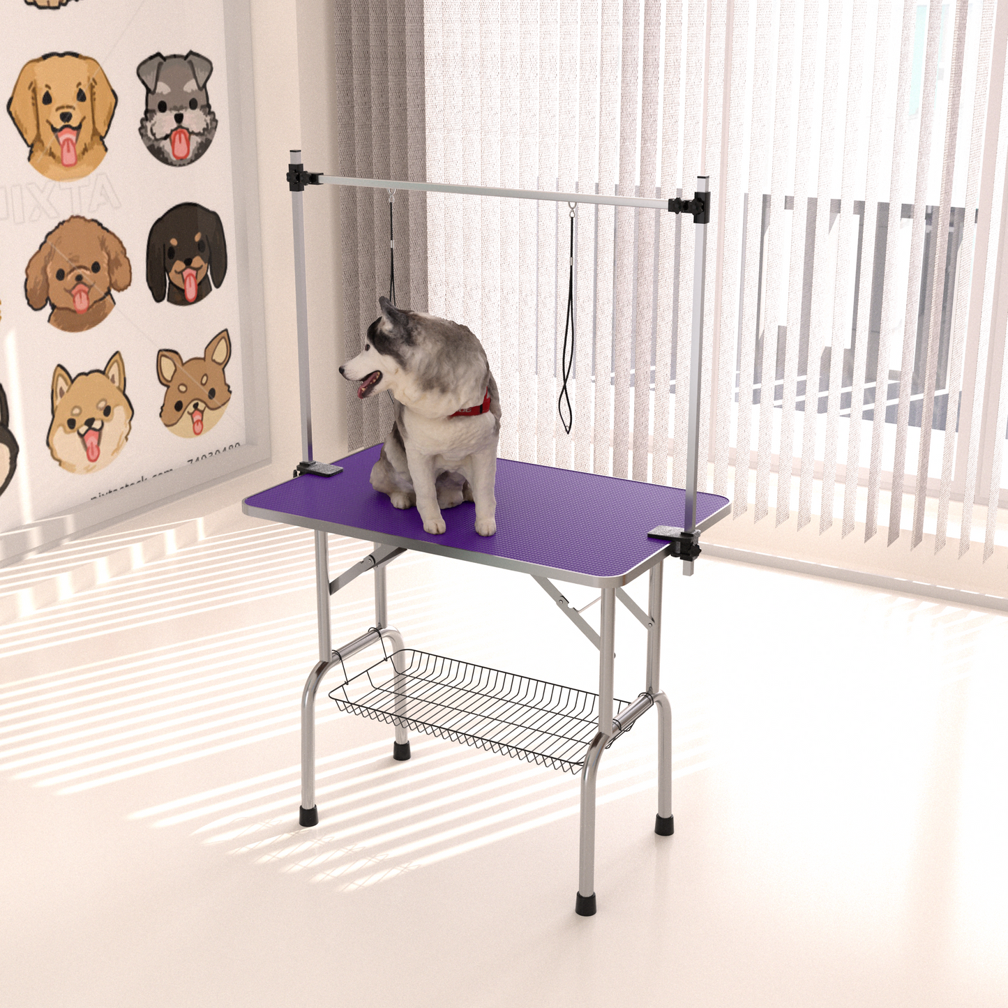 36' Folding Dog Pet Grooming Table Stainless Steel Frame Rubber Mat on Board with Adjustable Arm and Clamps pet dog Cat Grooming Table (PURPLE COLOR) SolidRoot Buy Furniture USA