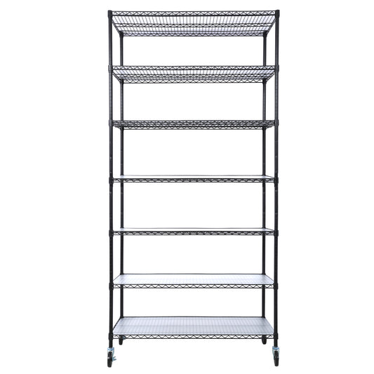 Black 7-Tier Adjustable Wire Shelving Unit with Wheels & Liners - 48' x 18' x 81.5', 2450 lbs Capacity Metal Storage Rack SolidRoot Buy Furniture USA