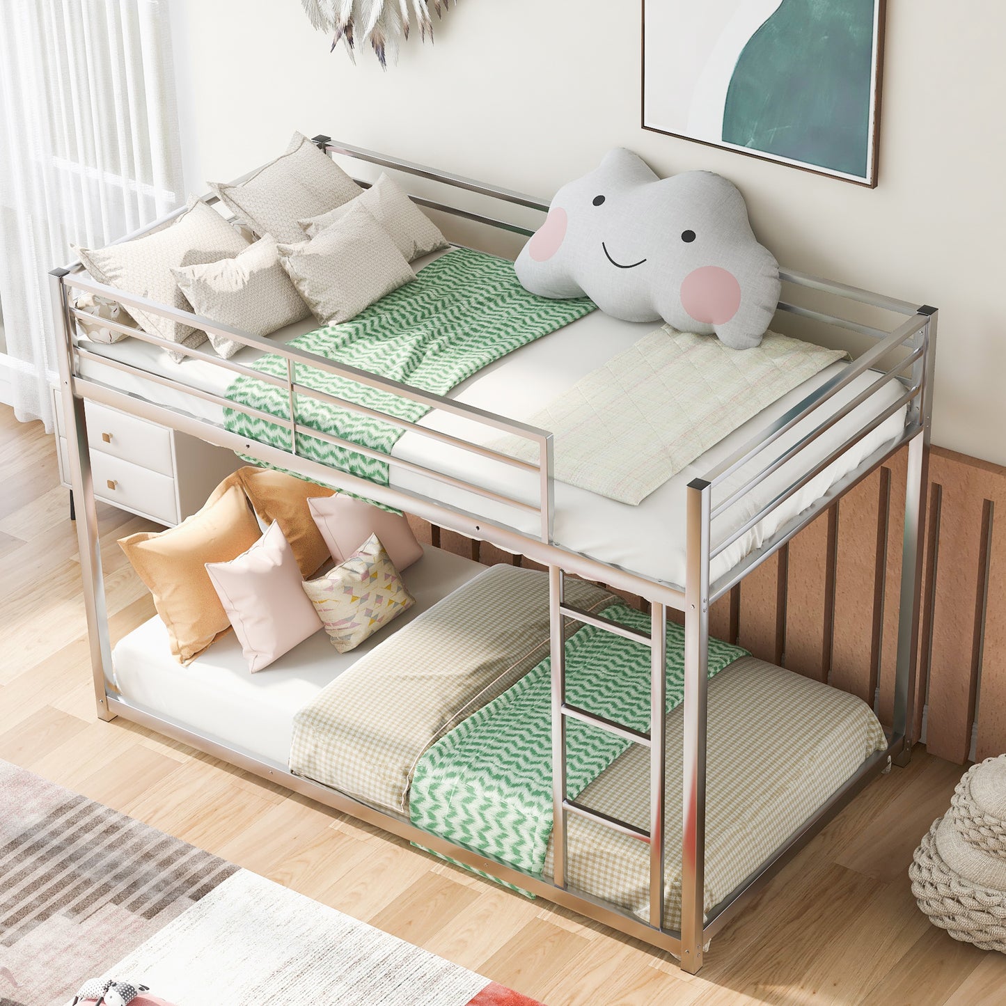 Twin over Twin Metal Bunk Bed, Low Bunk Bed with Ladder,Silver(OLD SKU:WF282465AAN) - SolidRoot Buy Furniture USA