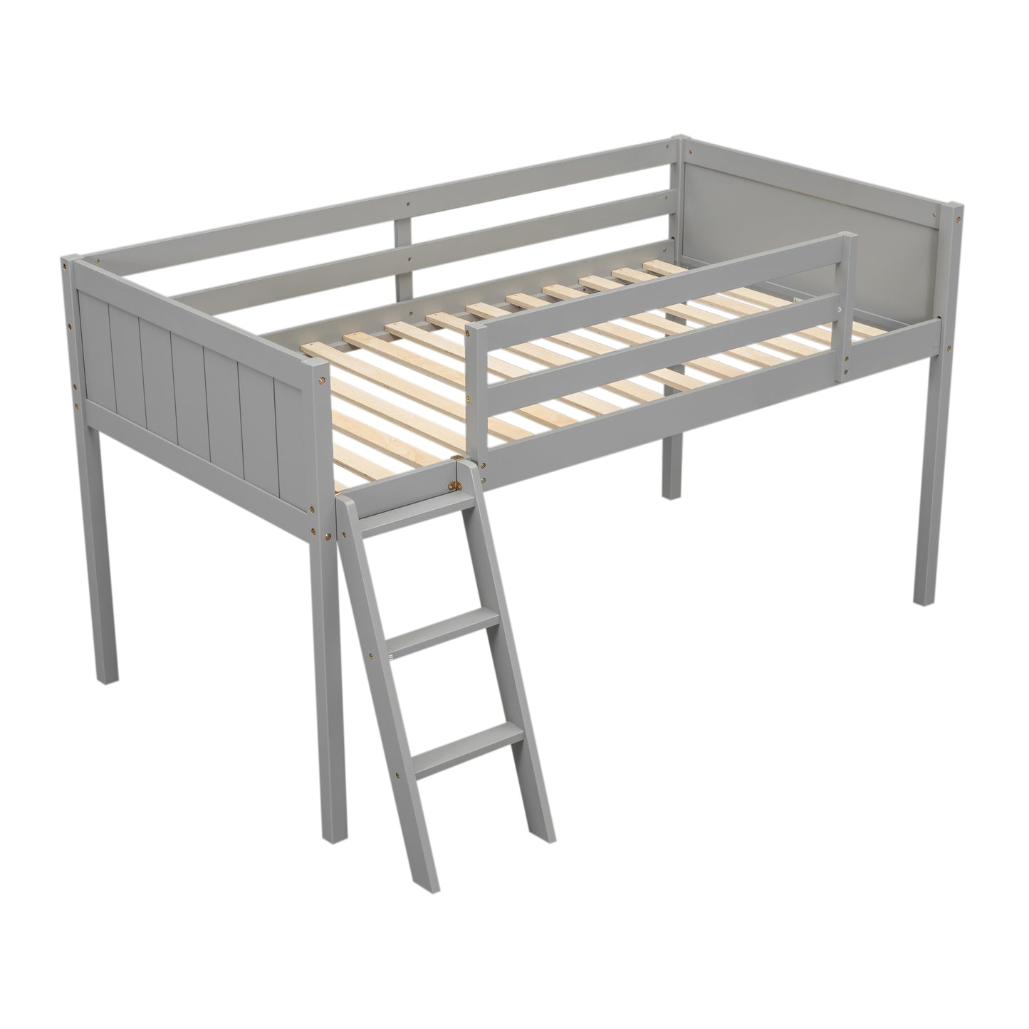 Twin Size Wood Low Loft Bed with Ladder, ladder can be placed on the left or right, Gray - SolidRoot Buy Furniture USA