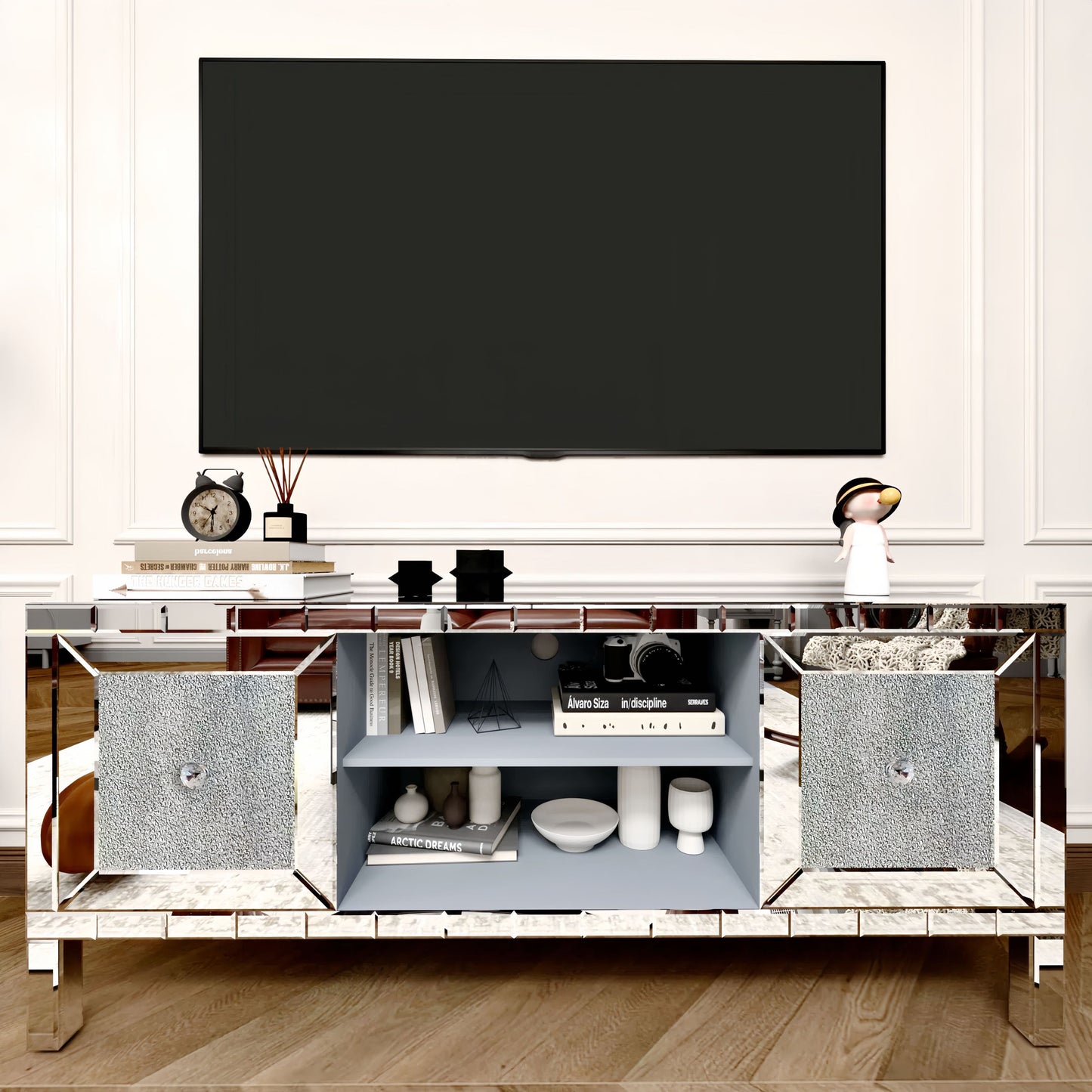 60' Mirrored TV Stand with Crushed Diamond Glass Doors - Modern Media Entertainment Center for Living Room, Adjustable Storage TV Console Table for 65-Inch TV SolidRoot Buy Furniture USA