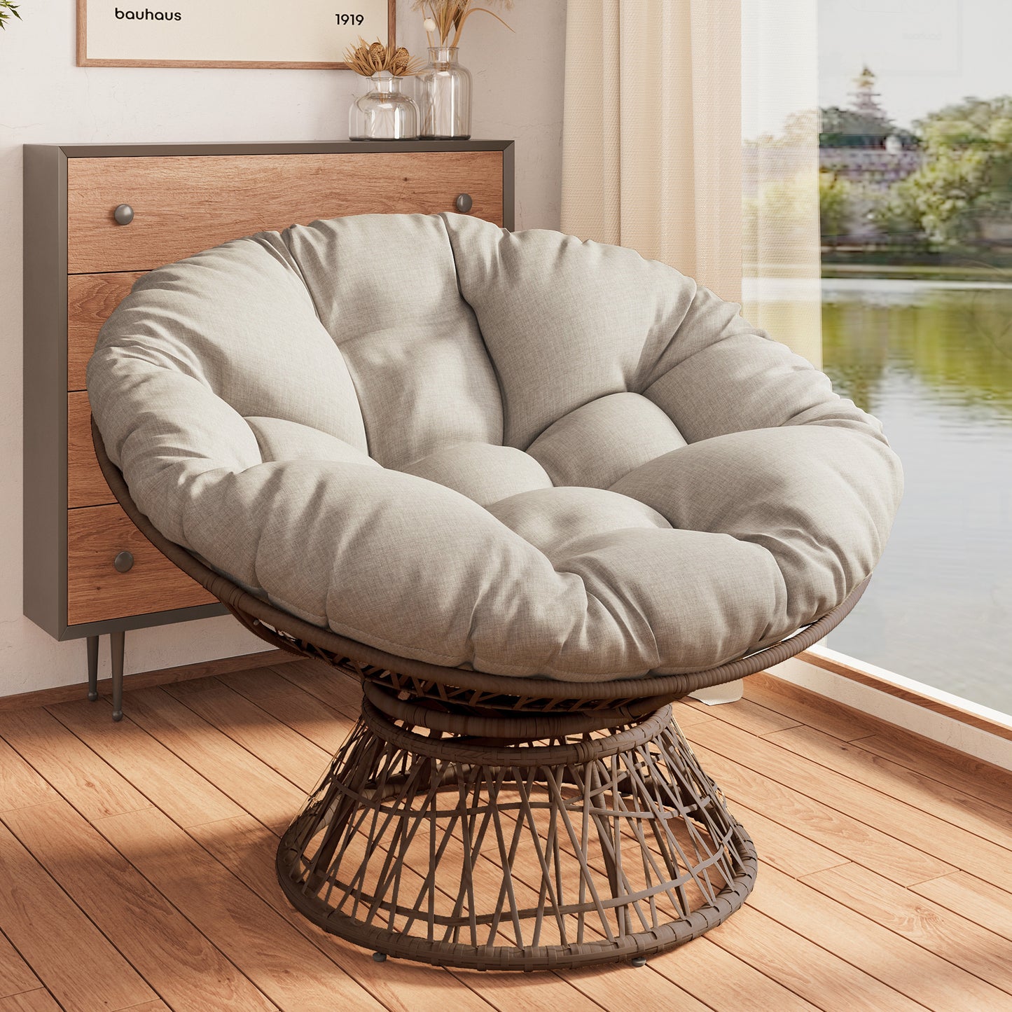 41.5' Ergonomic Wicker Chair with Cloud Thick Density Fabric Cushion,3-proof Cover,High Capacity Iron Frame,Fluid 360 Degree Swivel for Reading,Living Room, Bedroom,Lounge,Brown Base,2 Colors