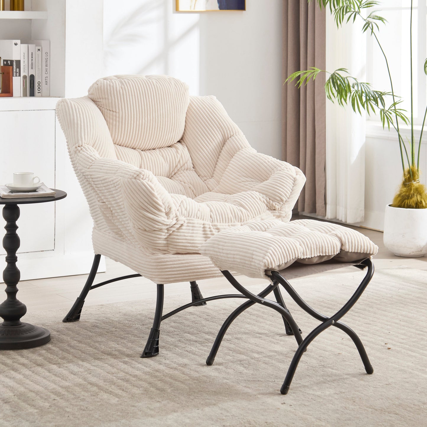 Lazy Chair with Ottoman, Modern Lounge Accent Chair with Armrests and a Side Pocket, Leisure Upholstered Sofa Chair Reading Chair with Footrest for Small Space, Corner Chair-White SolidRoot Buy Furniture USA
