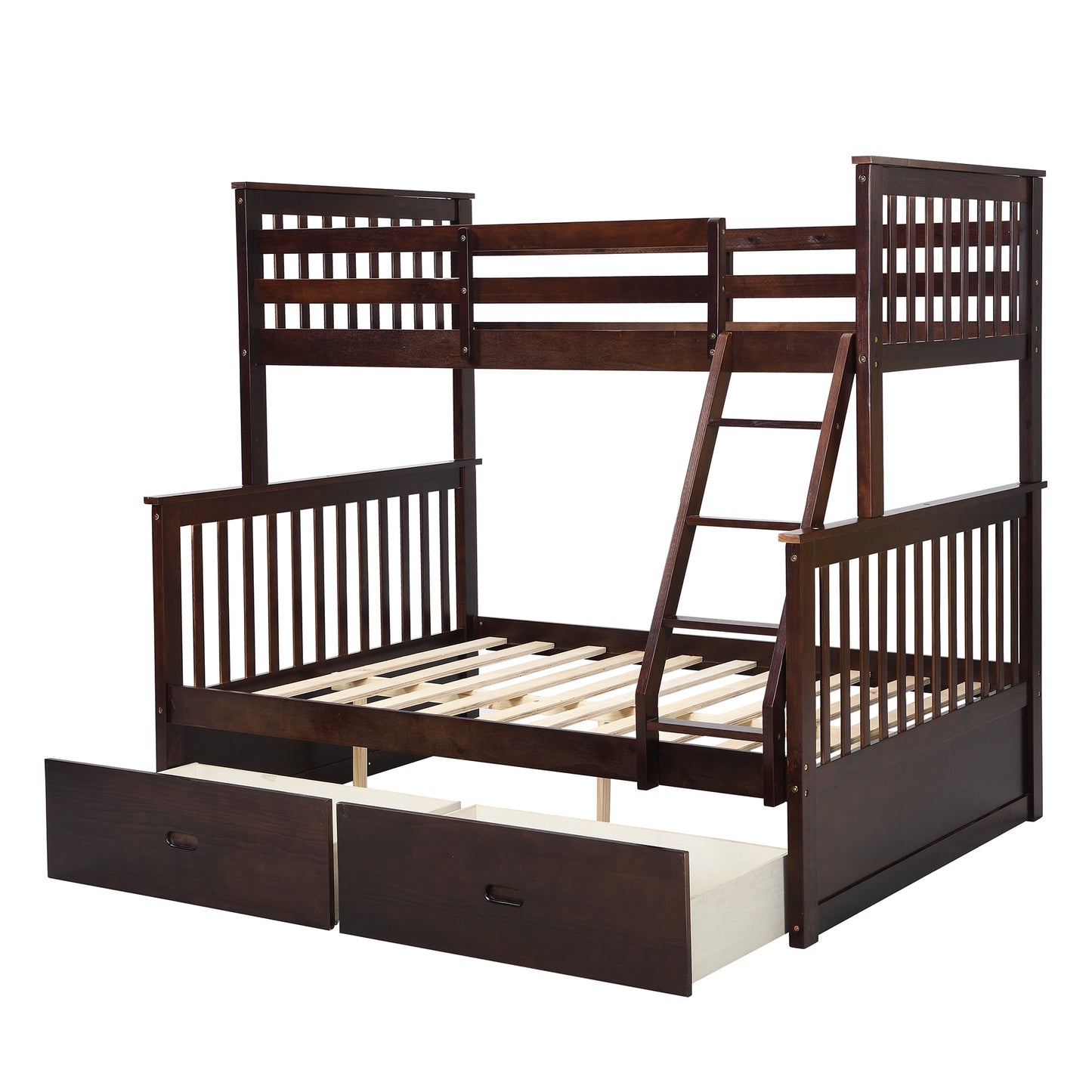 Espresso Wooden Twin Over Full Bunk Bed with Storage Drawers, Ladder, and Safety Guard Rails SolidRoot Buy Furniture USA