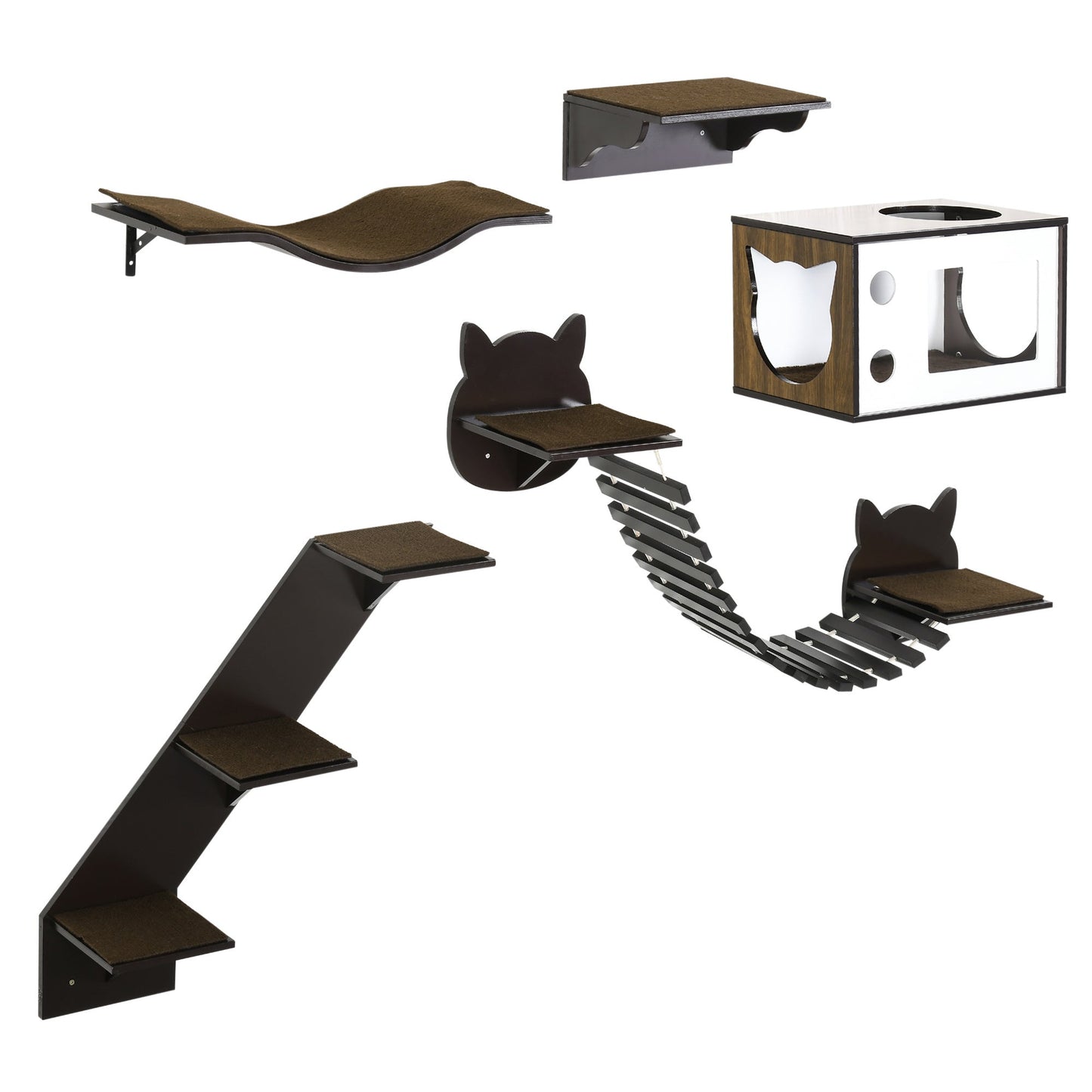 PawHut Cat Shelves with Ergonomically Curved Platform, Cozy Cat House, Bridge, Easy Stairs, and Flat Perch, Wall-Mounted Cat Tree Climbing Playground, Modern Cat Tree, Coffee Brown SolidRoot Buy Furniture USA
