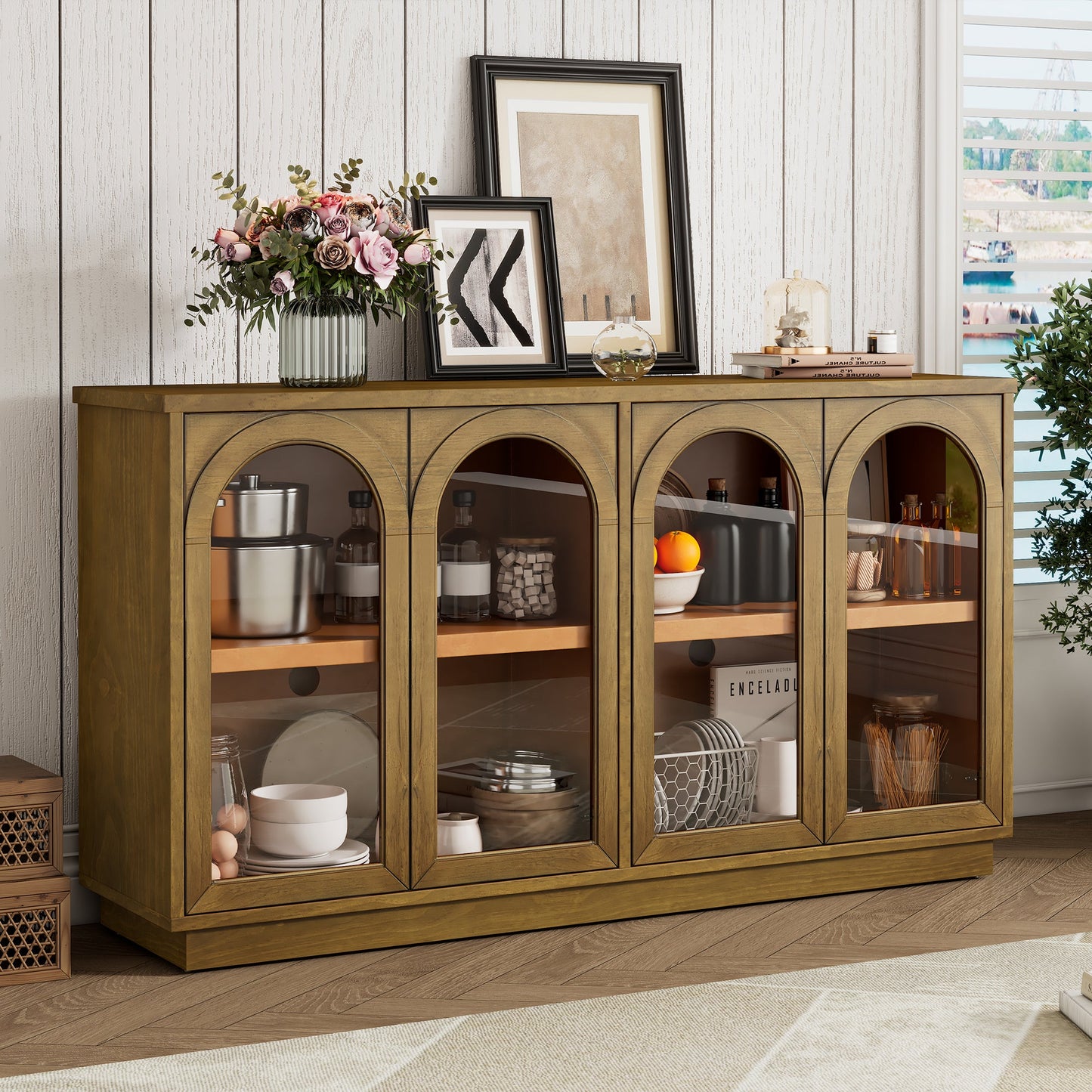 TREXM 4-Door Large Storage Buffet Cabinet with Glass Doors, Arched Cabinet with Adjustable Shelves for Kitchen, Dining Room and Living Room (Old Pine) SolidRoot Buy Furniture USA