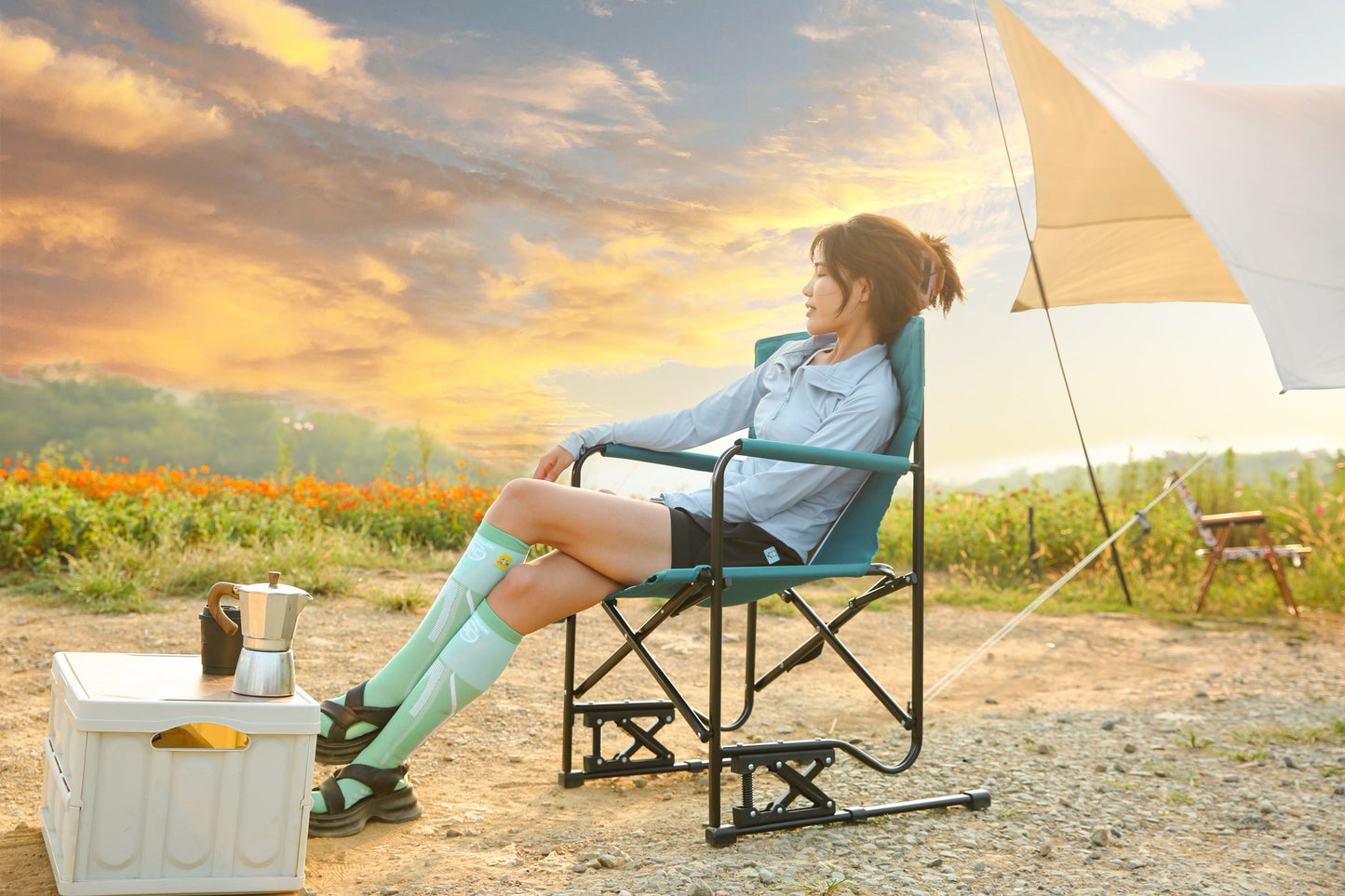 Outdoor Freestyle Rocker Camping Chair Portable Folding Rocking Chair with Solid, Durable Armrests, Drink Holder & Comfortable Backrest -Blue SolidRoot Buy Furniture USA