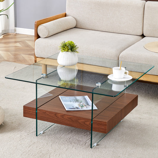 31.4 Inch Modern Two-Tier Square Coffee Table - An Elegant Combination of Clear Glass and Walnut Texture Sticker It can be used not only as a coffee table but also as a side table.W1151P232655 SolidRoot Buy Furniture USA