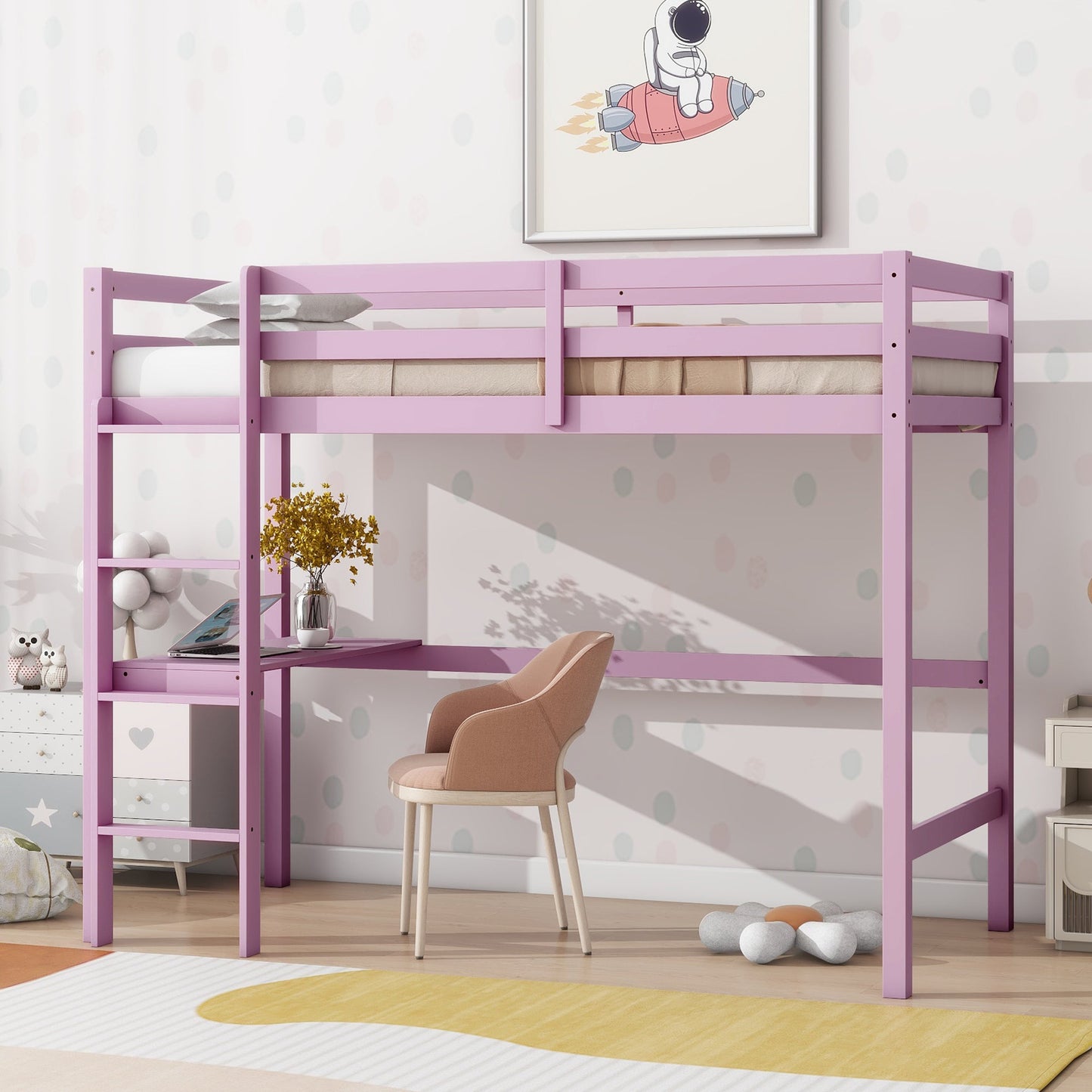 Twin High Loft Bed, Rubber Wood Loft Bed with Safety Guardrail, built-in desk, ladder,Pink SolidRoot Buy Furniture USA
