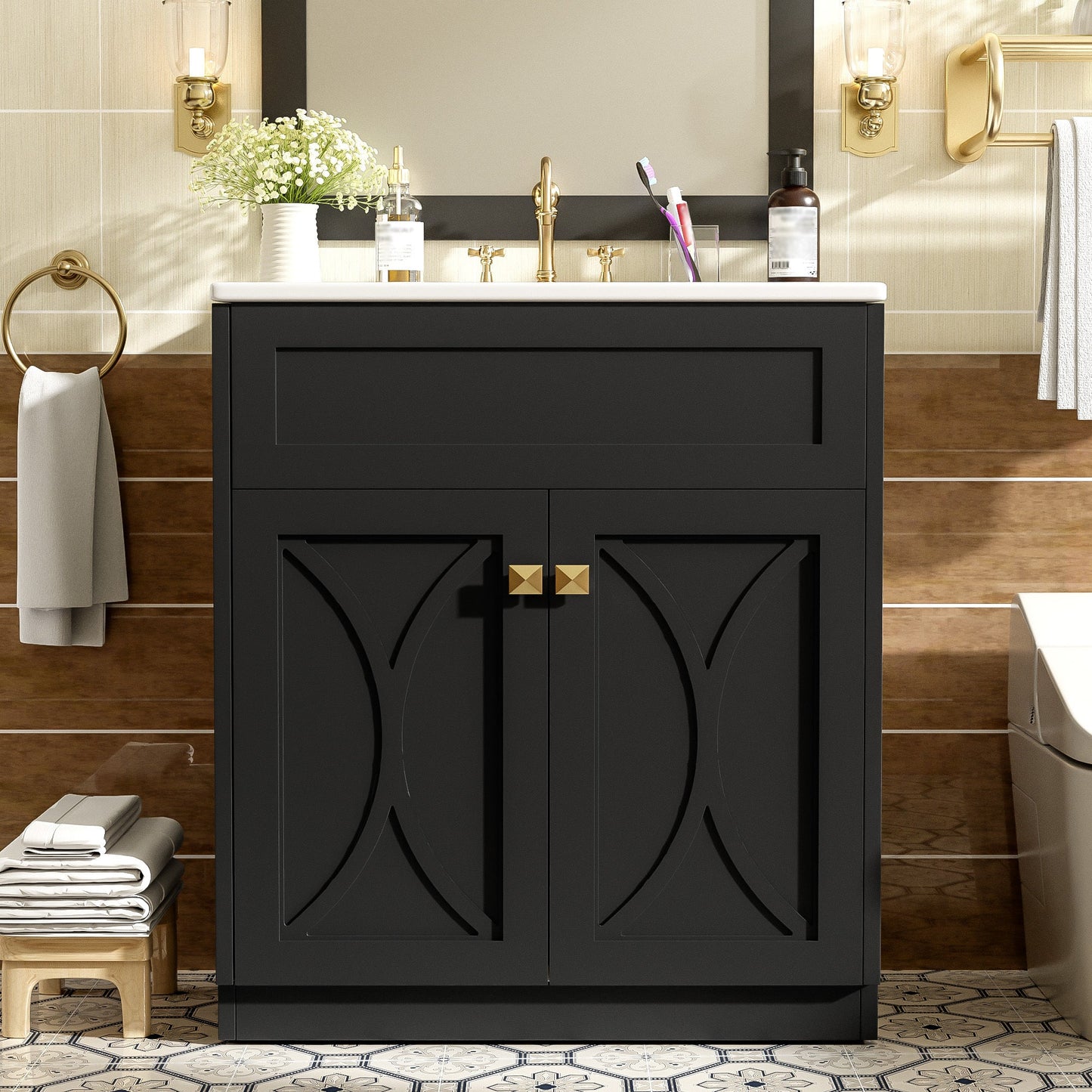 30'' Bathroom Vanity with Ceramic Sink Combo, Modern Freestanding Storage Cabinet with Gold Handles, Soft Closing Doors SolidRoot Buy Furniture USA