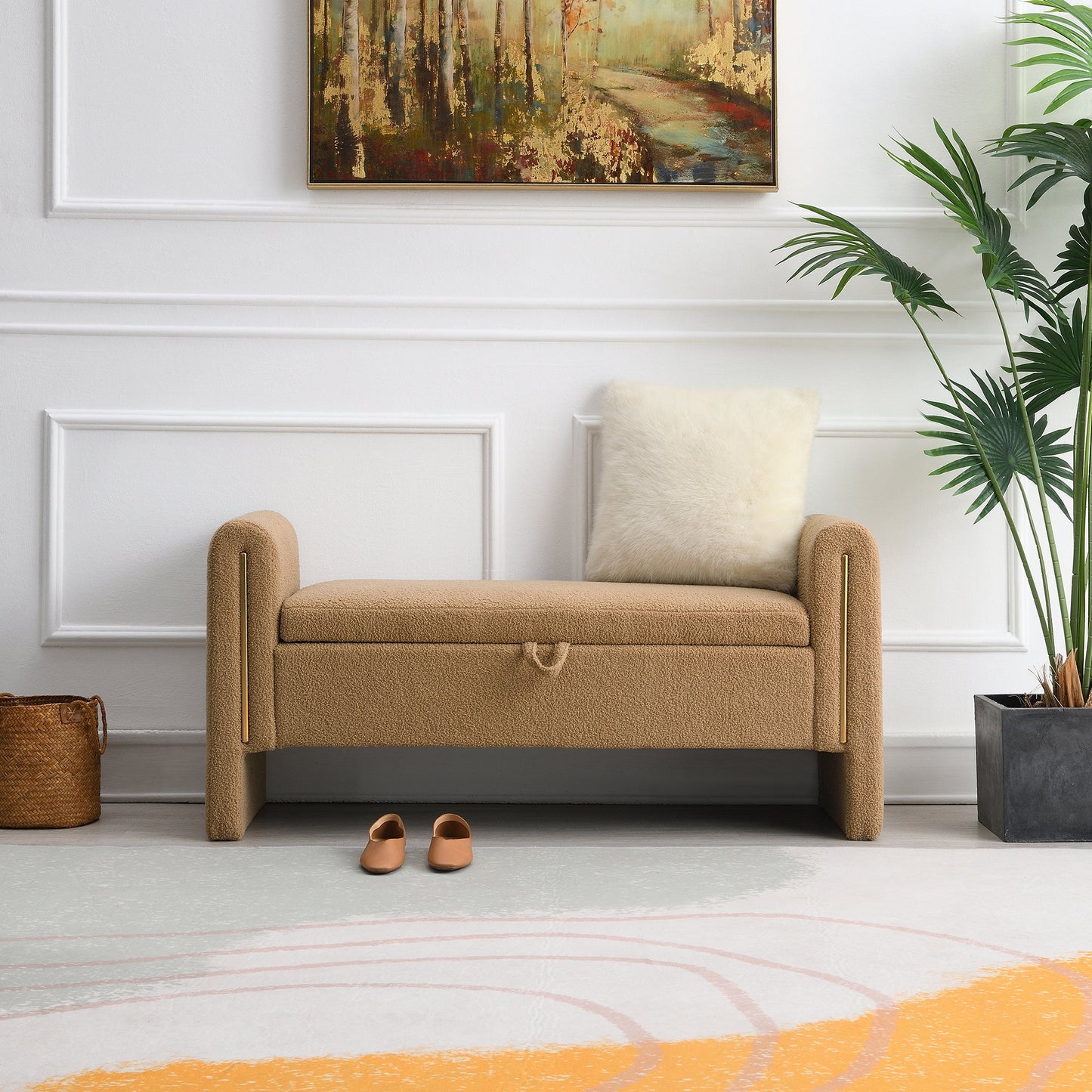 Modern Teddy Bed End Bench with Arms and Storage,Upholstered Large Foot Rest Stool, Comfy Window Vanity Bench for Living Room,Bedroom,Dorm,Coffee Table,Teddy Coffee SolidRoot Buy Furniture USA