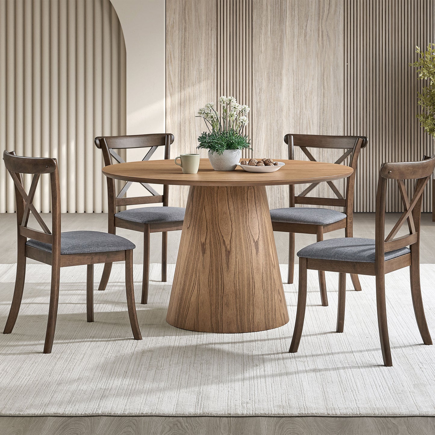 (1 Table with 4 Chairs)Wooden Dining Table Set, Modern Round MDF Kitchen Table and Boucle Upholstered Dining Chairs for Dining Room, Kitchen, Saving Space, ASH Color SolidRoot Buy Furniture USA