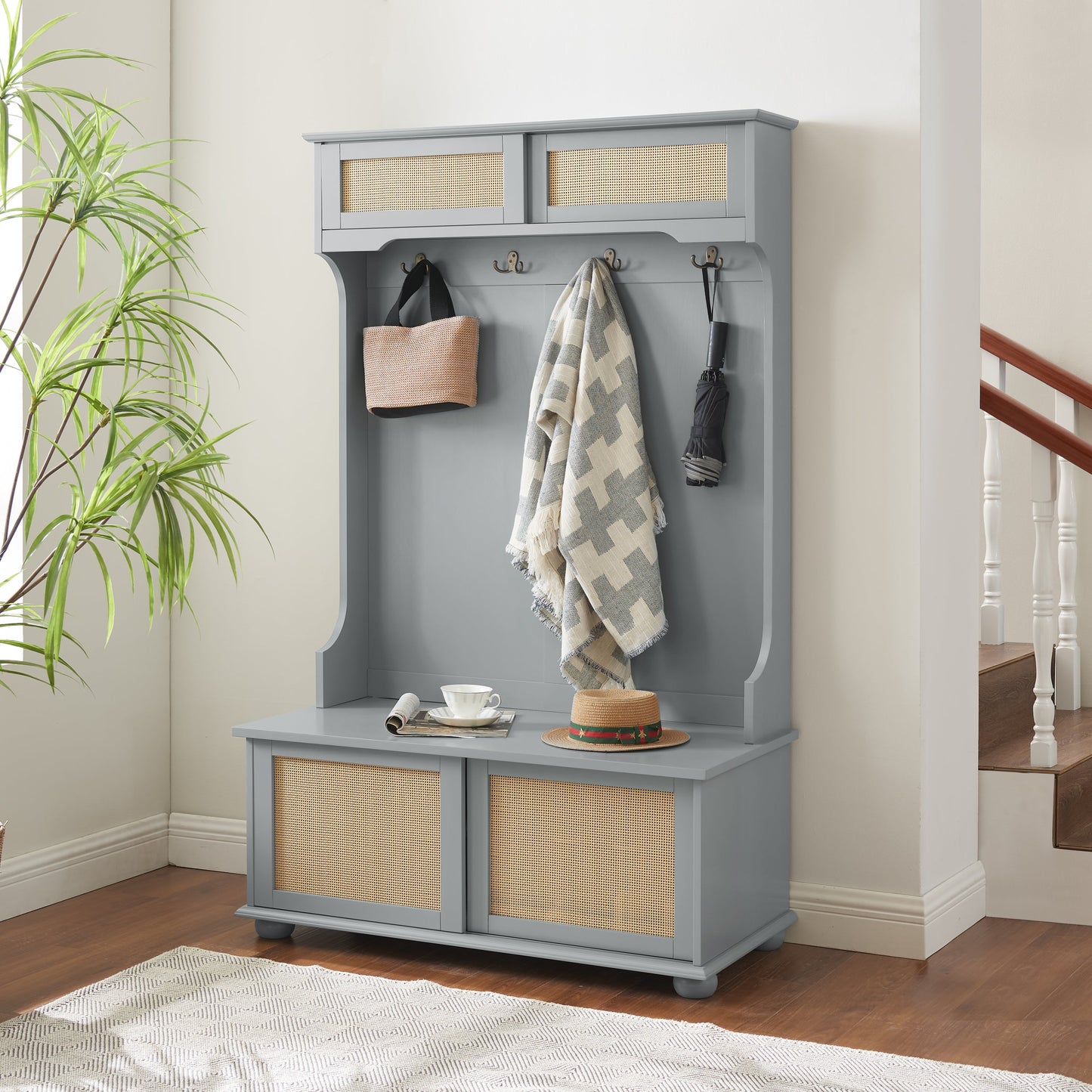 Clothes hanger Hall Tree Storage Bench Shoe Rack for Entryway, Hall Tree with Bench and Shoe Storage, Hall Tree Entryway Bench with Rattan Door Gray, 40.16'W*18.58'D*64.17'H SolidRoot Buy Furniture USA