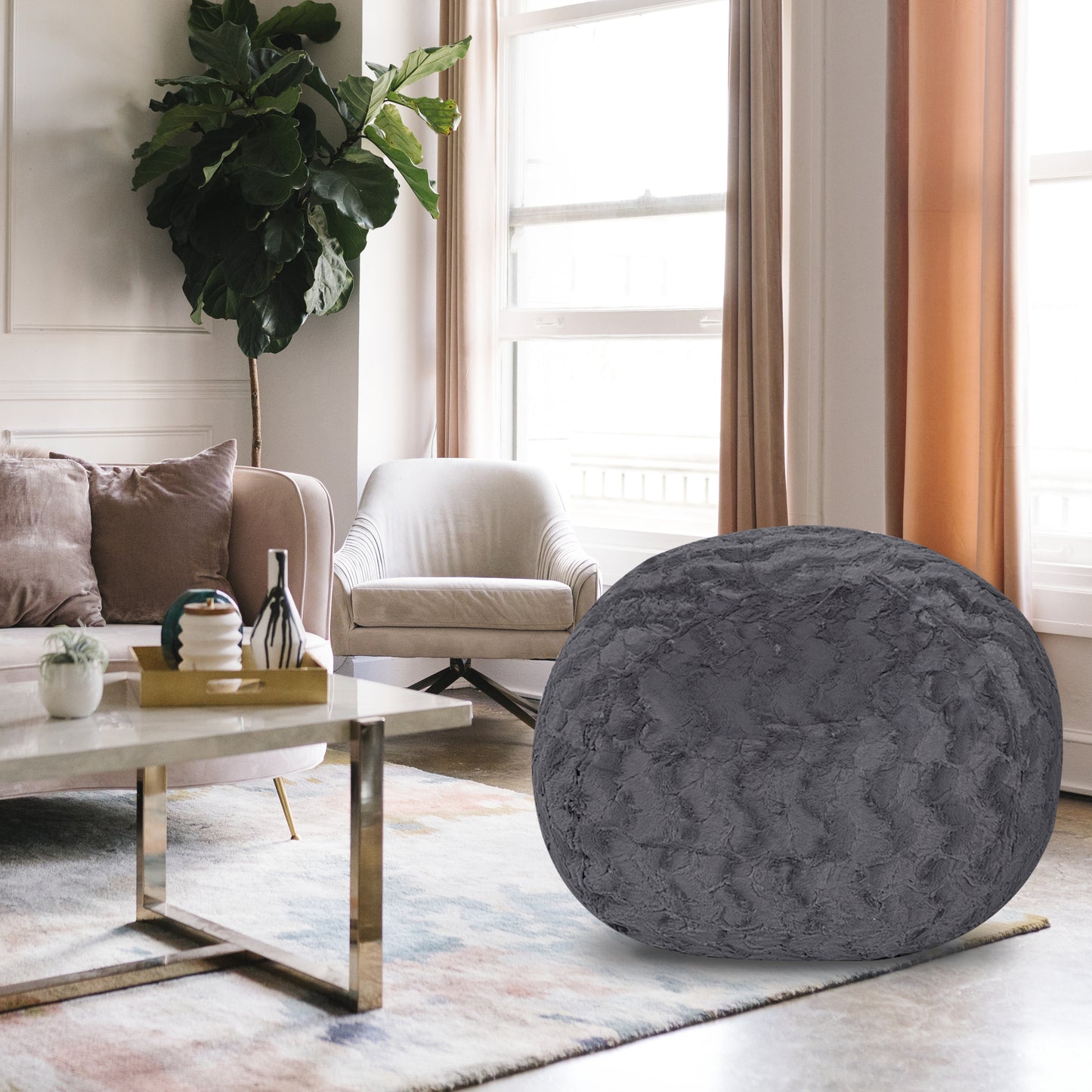 Faux Fur Bean Bag Chair, Grey-4ft Cozy and Stretchable Fabric Lounger for Children and Adults with Easy-Clean Cover, Comfortable Faux Fur Seating for Bedrooms, Filled with Shredded and Memory Foam. SolidRoot Buy Furniture USA