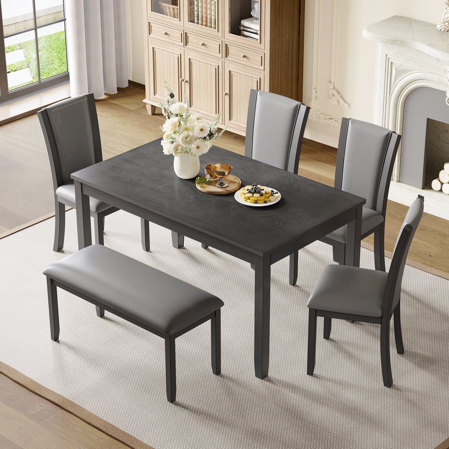 6-Piece Dining Table Set with Bench and Chairs, Wooden Dining Table Set for 6, Modern 6 Person Dining Table Set for Dining Room, Kitchen, Grey SolidRoot Buy Furniture USA
