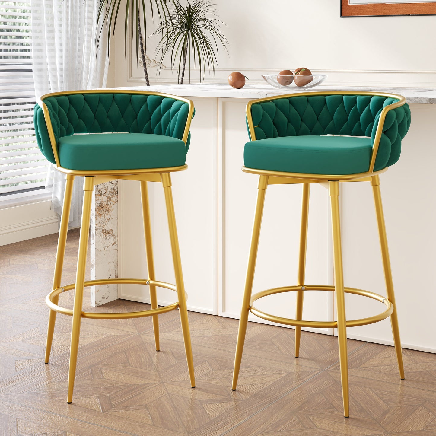 Swivel Counter Height Bar Stools Set of 2, 31.5' Bar Height Stools with Hand-Woven Backrest & Gold Metal Legs, Modern Low Back Upholstered Kitchen Chairs with Footrest for Island, Dining Room,Green SolidRoot Buy Furniture USA