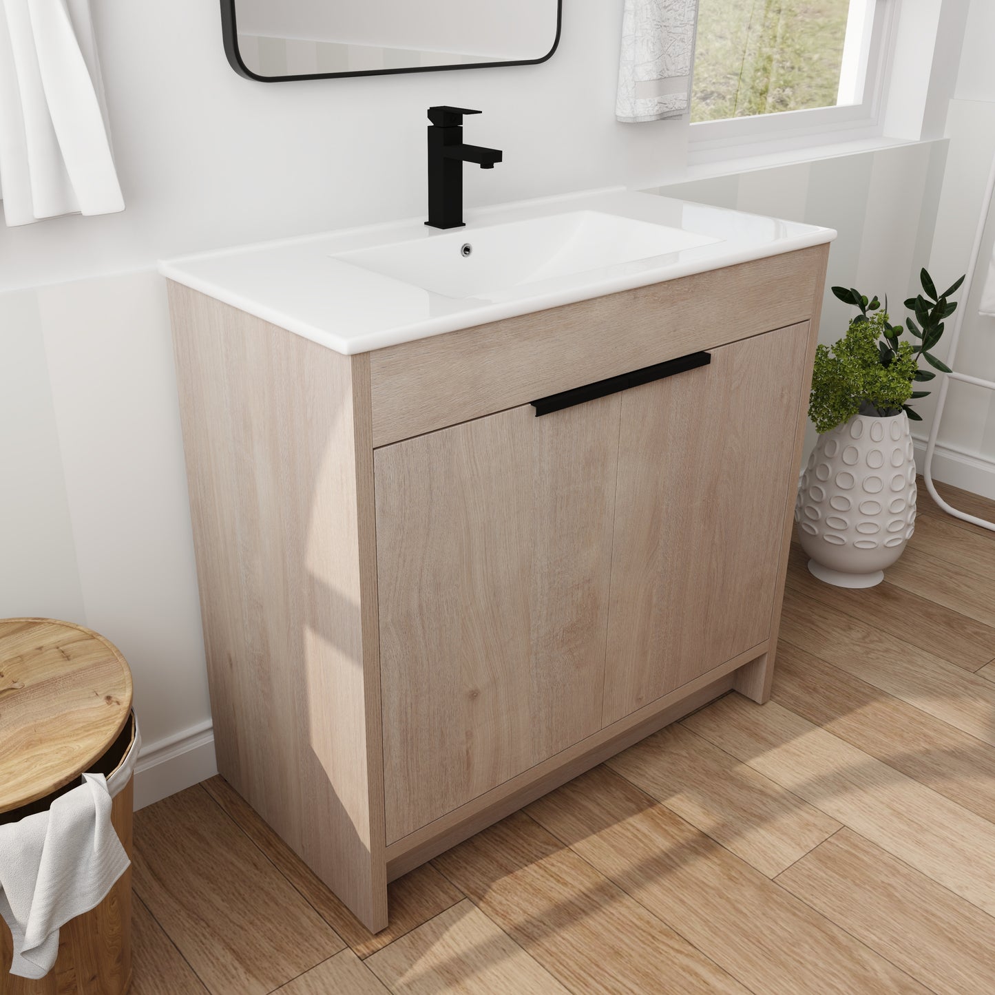 36 Inch Freestanding Bathroom Vanity with White Ceramic Sink & 2 Soft-Close Cabinet Doors (BVB02436PLO-F-BL9090B),W1286S00063 - SolidRoot Buy Furniture USA