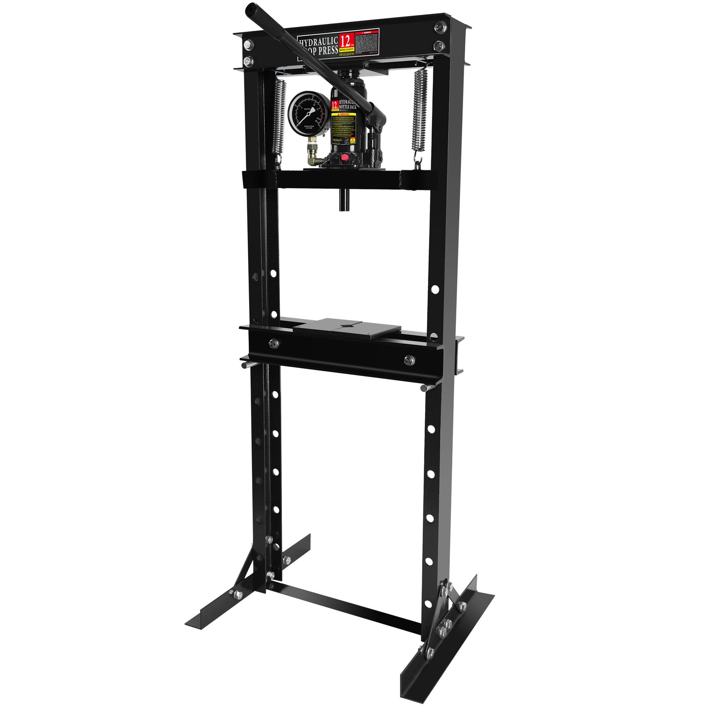 Steel H-Frame Hydraulic Garage/Shop Floor Press with Stamping Plates, with a pressure gauge,12 Ton (24,000 lb) Capacity, Black