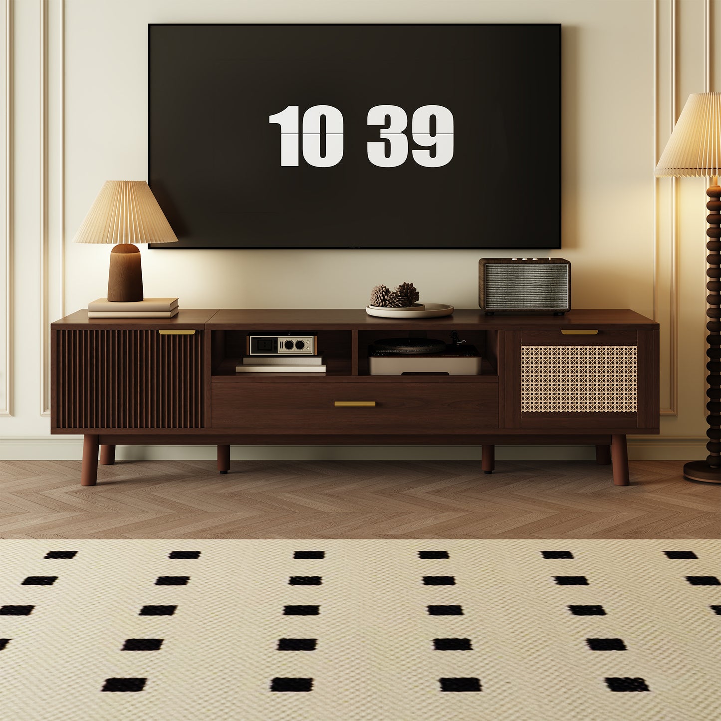 Wood Fashionable TV Stand for 75' TVs, TV Cabinet with Soft-Closing Door and Drop-Down Door Cabinet, Modern TV Consoles for Living Room, Bedroom SolidRoot Buy Furniture USA