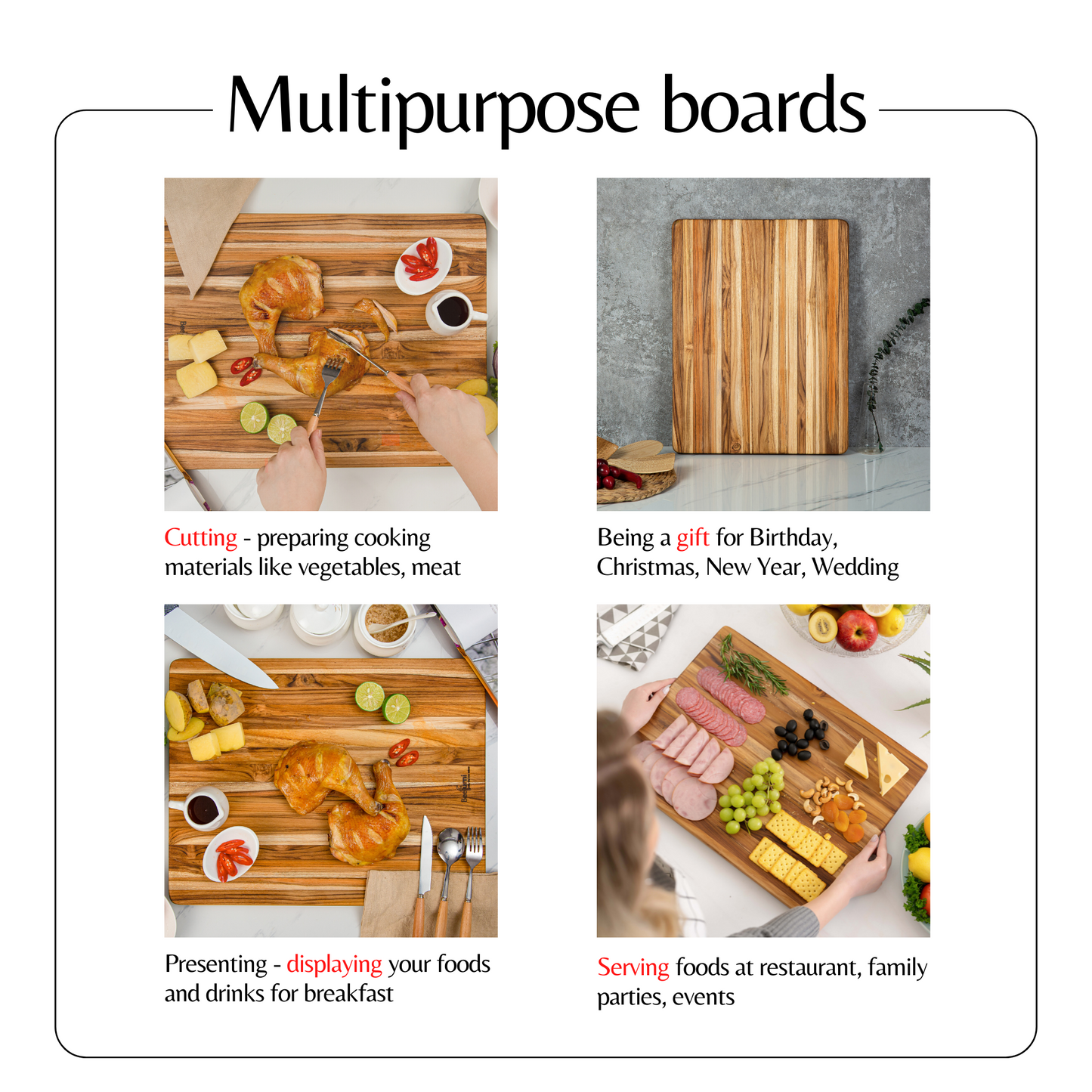 Teak Cutting Board Reversible Chopping Serving Board Multipurpose Food Safe Thick Board, Medium Size 18x14x1 inches - SolidRoot Buy Furniture USA