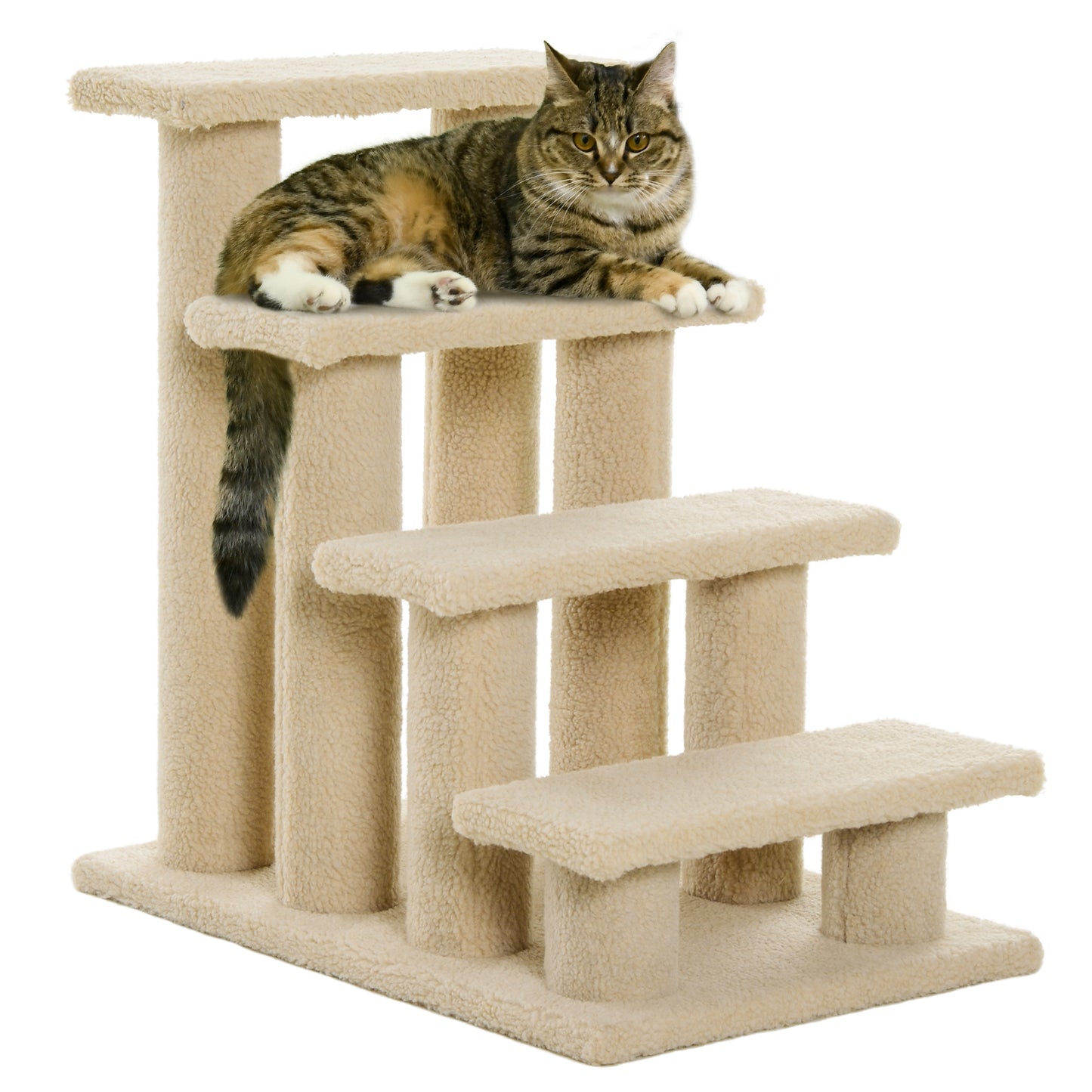 PawHut 25' 4-Step Multi-Level Carpeted Cat Scratching Post Pet Stairs, Beige