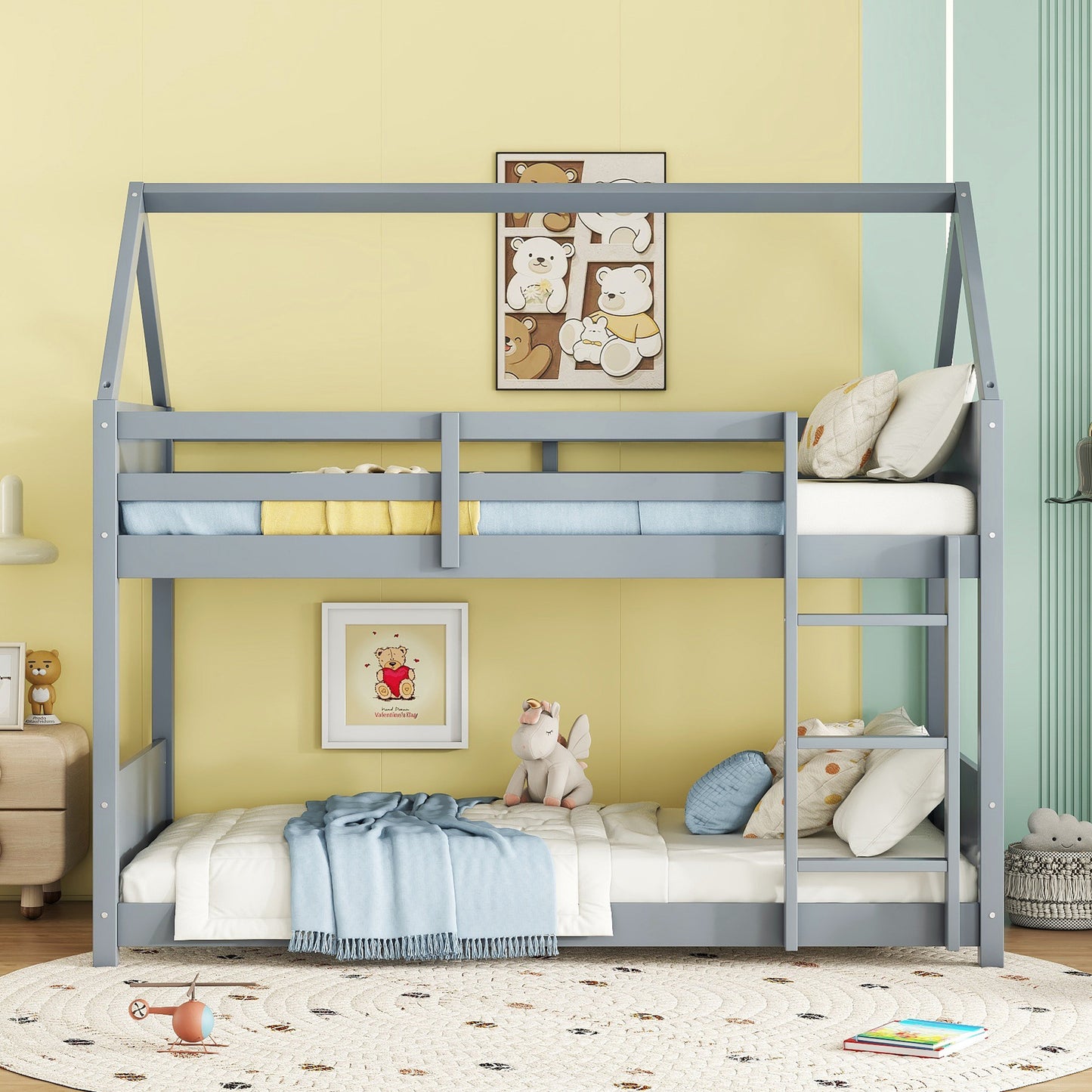 Twin Over Twin House Floor Bunk Bed with Headboards, Footboards and Guardrails, Ladder, Rubber Wood Bunk Bed with Safety Guardrails,Light Grey SolidRoot Buy Furniture USA