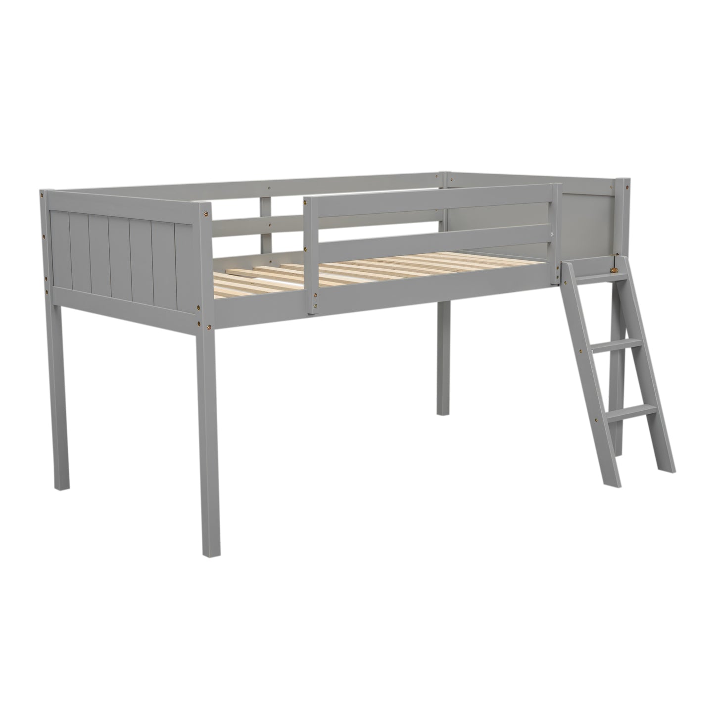 Twin Size Wood Low Loft Bed with Ladder, ladder can be placed on the left or right, Gray - SolidRoot Buy Furniture USA