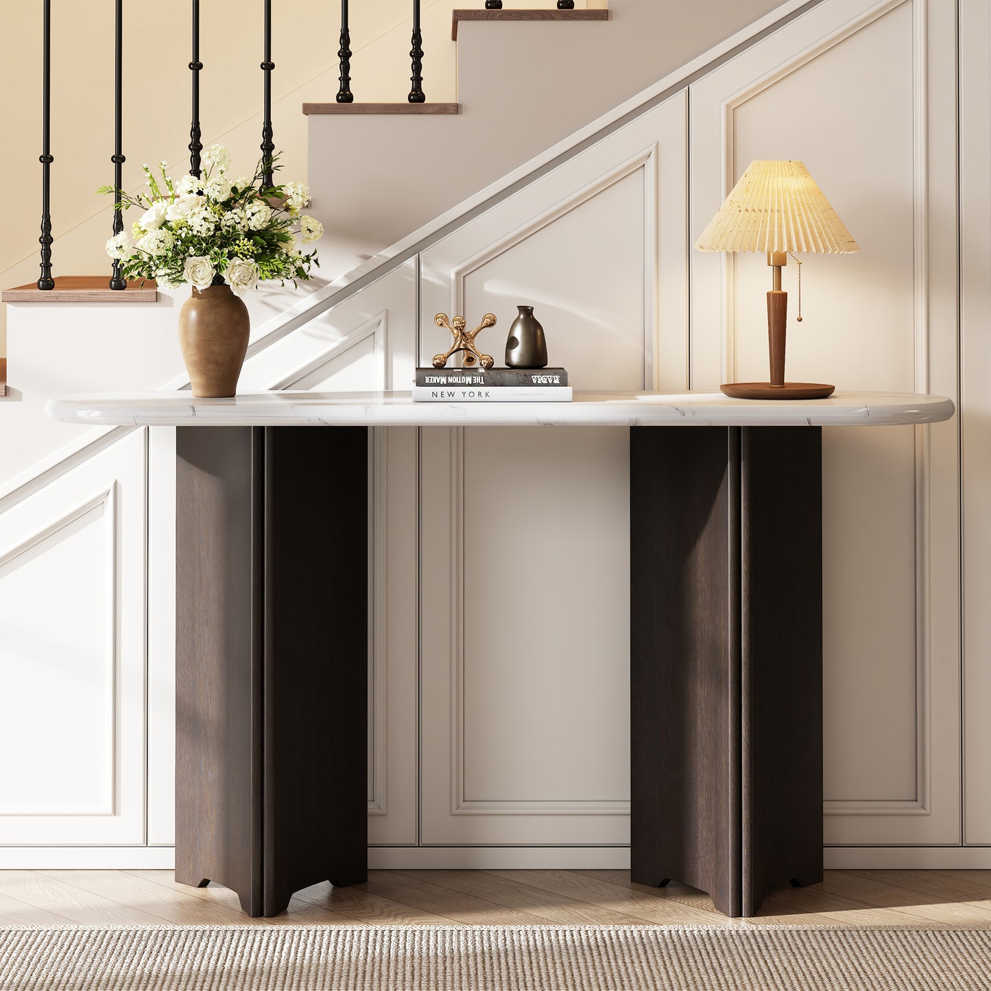 TREXM Narrow Console Table, Entryway Table with Oval Marble Top, Rustic Sofa Table with Curved Legs, Hallway Accent Table for Entrance and Living Room (Espresso+White)