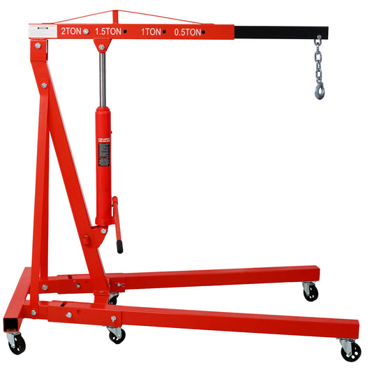 Heavy-Duty 2 Ton Folding Engine Hoist Cherry Picker Crane with 6 Iron Caster Wheels, Red Steel Construction SolidRoot Buy Furniture USA