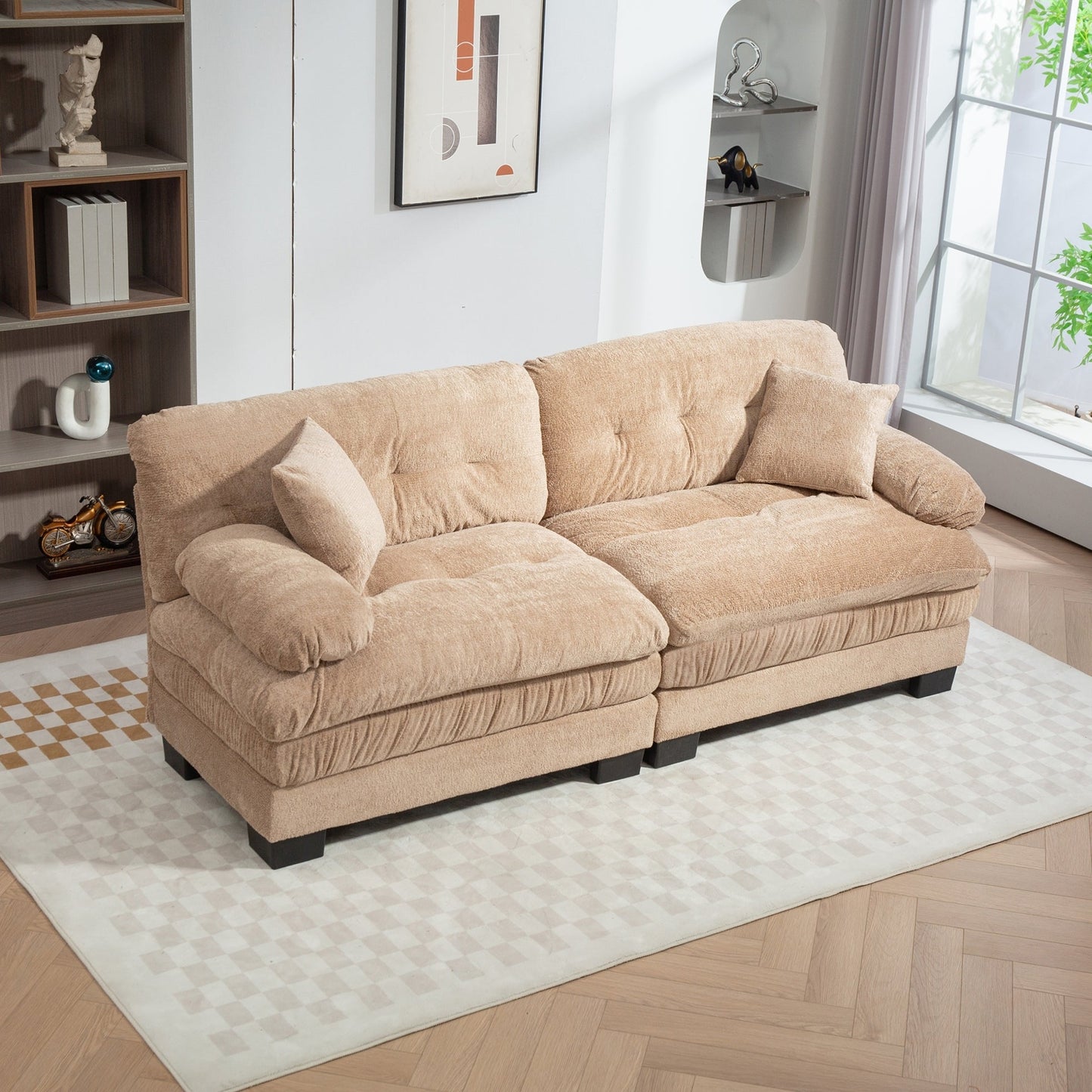 Two-seat Sectional Sofa Modular Deep Seat Sofa Couch Chenille Sofa Sleeper Comfy Upholstered Furniture for Living Room Apartment Studio Office-Khaki SolidRoot Buy Furniture USA