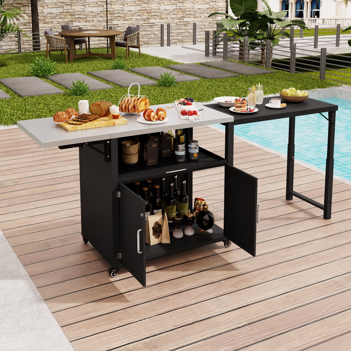 Versatile Outdoor Cabinet with Folding & Expandable Work Surfaces, Ample Storage Space, and Lockable Wheels, Matte Black SolidRoot Buy Furniture USA
