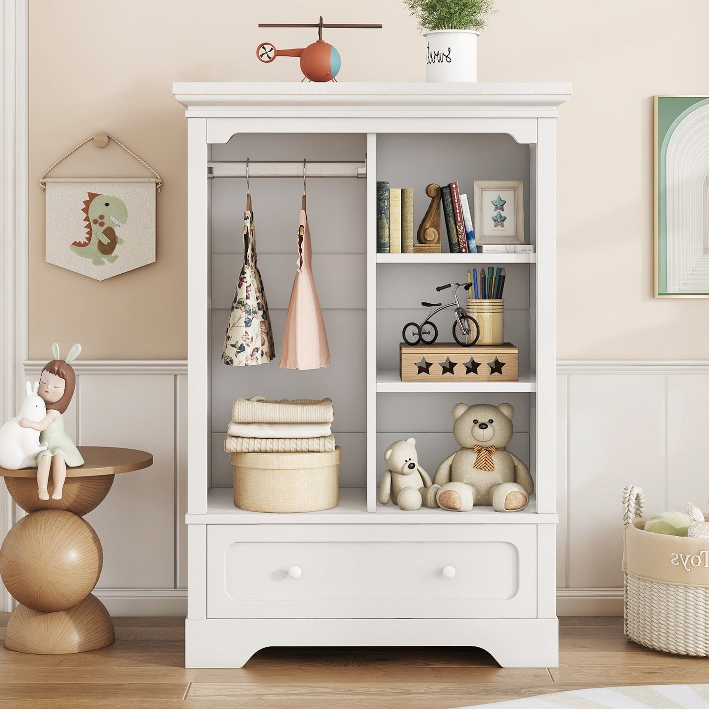 Open children's wardrobe with a hanging rod and open shelves, one large drawer, low design close to the ground for easy access, white. SolidRoot Buy Furniture USA