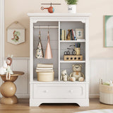 Open children's wardrobe with a hanging rod and open shelves, one large drawer, low design close to the ground for easy access, white. SolidRoot Buy Furniture USA