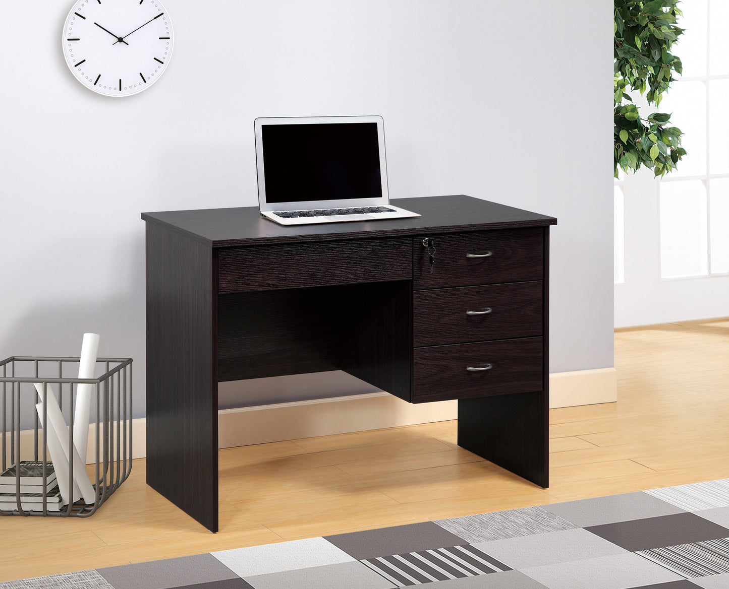 Three locking drawers on metal glides Student Desk Work Desk Modesty Panel Metal Bar Handles Red Cocoa color SolidRoot Buy Furniture USA