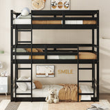 Triple Rubber Wood Bunk Bed with Two Built-in Ladders, Guardrails, Twin over Twin over Twin, Detachable Triple Twin Bunk Bed,Black SolidRoot Buy Furniture USA
