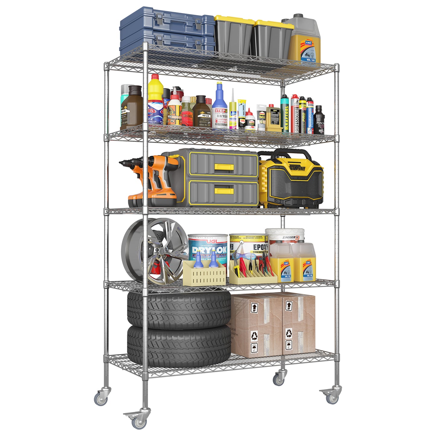 47''W x 24''D x 72''H 5 Tier Heavy Duty Adjustable Kitchen Shelving Unit, Wire Storage Shelves with Wheels, Pantry Organizer Rack Rolling Metal Shelf for Garage Closet Laundry SolidRoot Buy Furniture USA