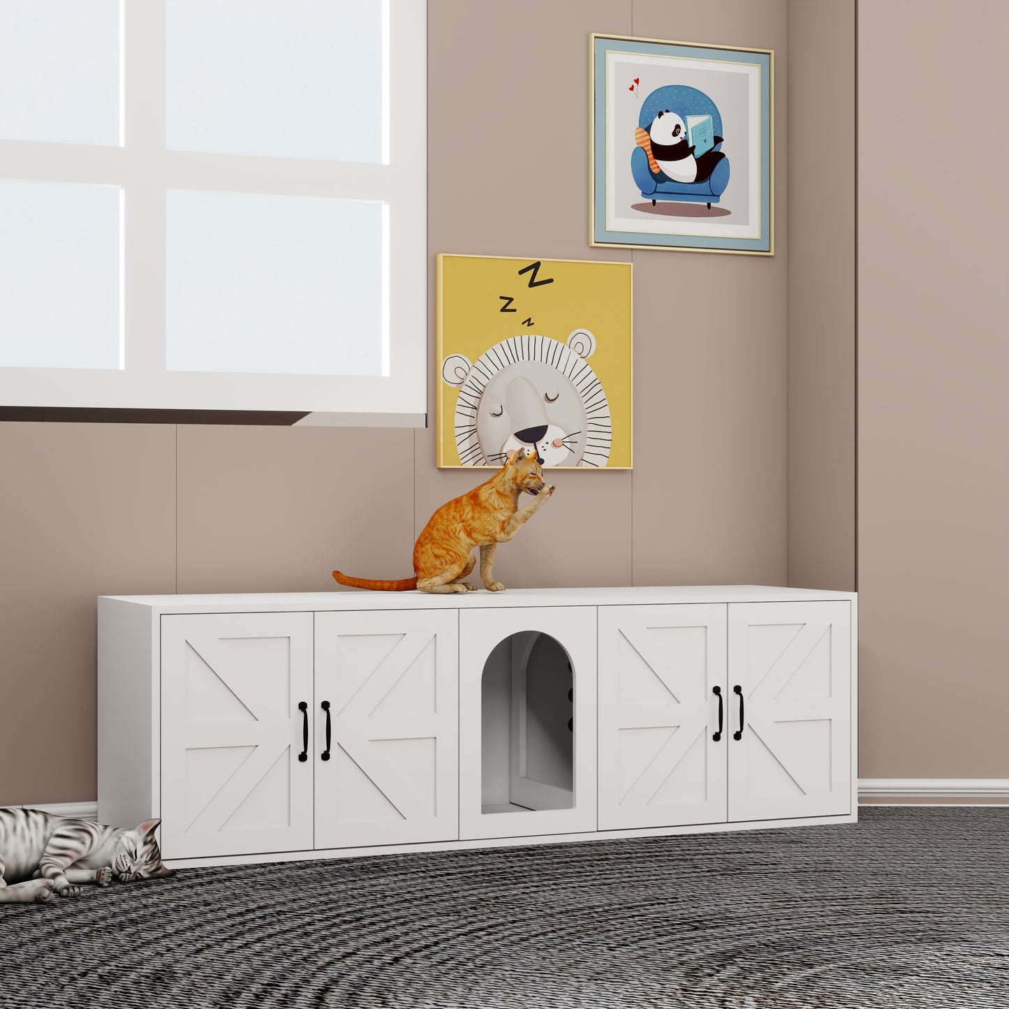 Litter Box Enclosure for 2 Cats, Modern Cat Litter Box Furniture with Double Room, Wooden Litter Box Furniture with Cat Door, 59.05'L x 17.71'W x 18.89'H-White