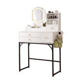 Vanity Desk with Lighted Mirror & Power Outlet, Makeup Vanity Desk with Drawers and Cabinet, Sturdy Iron Bracket, Make up Vanity Table for Bedroom, White Livingsource