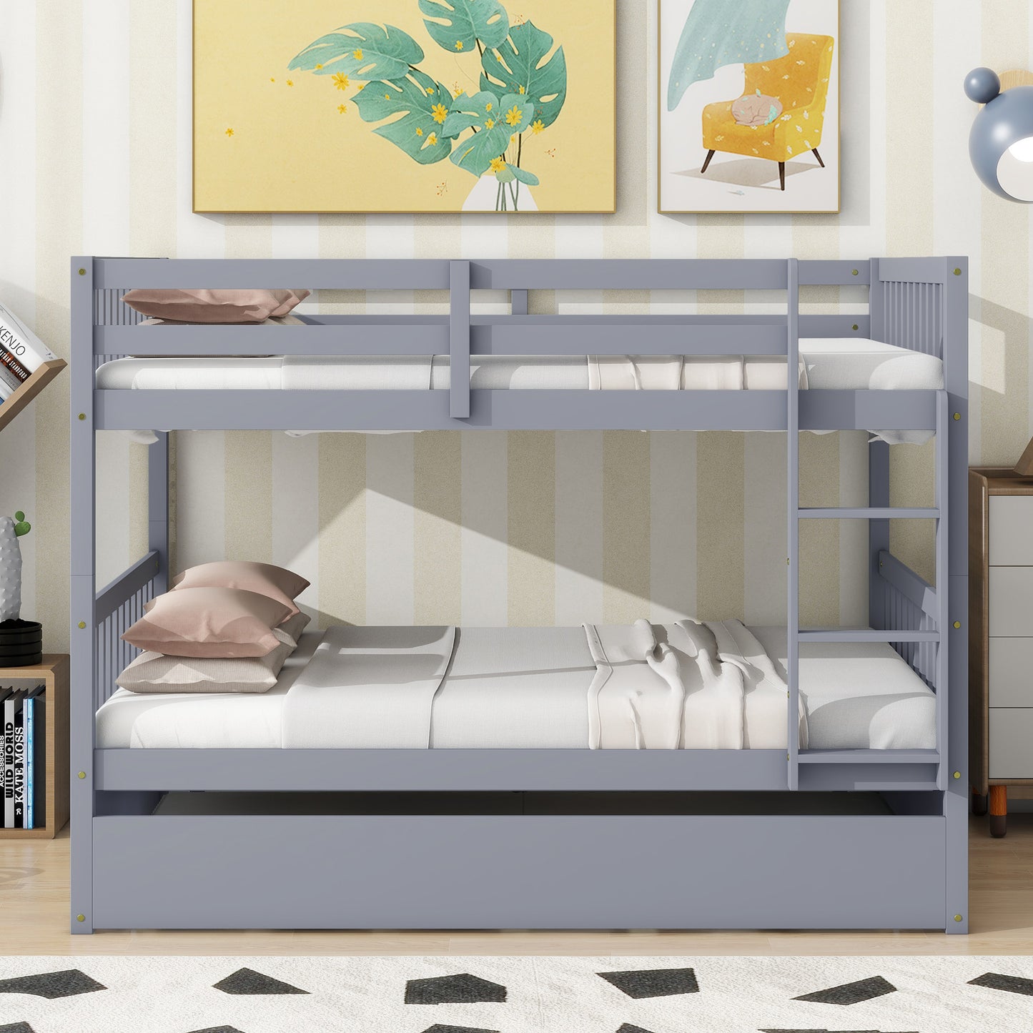 Full Over Full Rubber Wood Bunk Bed with Trundle, Ladder and Guardrails, Convertible to 2 Full Size Beds, with Twin Size Trundle ,Grey(Old Sku:W504S00250) SolidRoot Buy Furniture USA