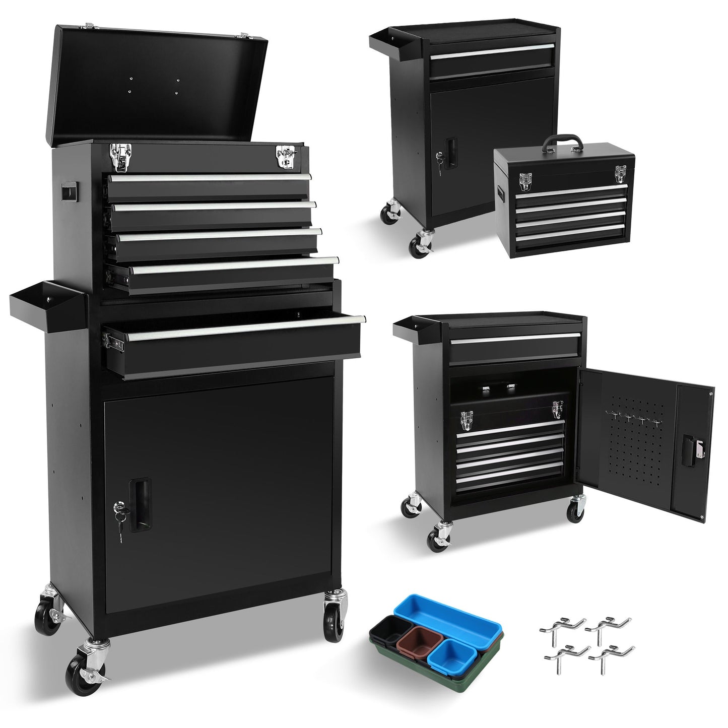 Rolling Garage Workshop Organizer Detachable 5 Drawer Tool Chest with Large Storage Cabinet, Detachable Tool Box Organizer Black SolidRoot Buy Furniture USA